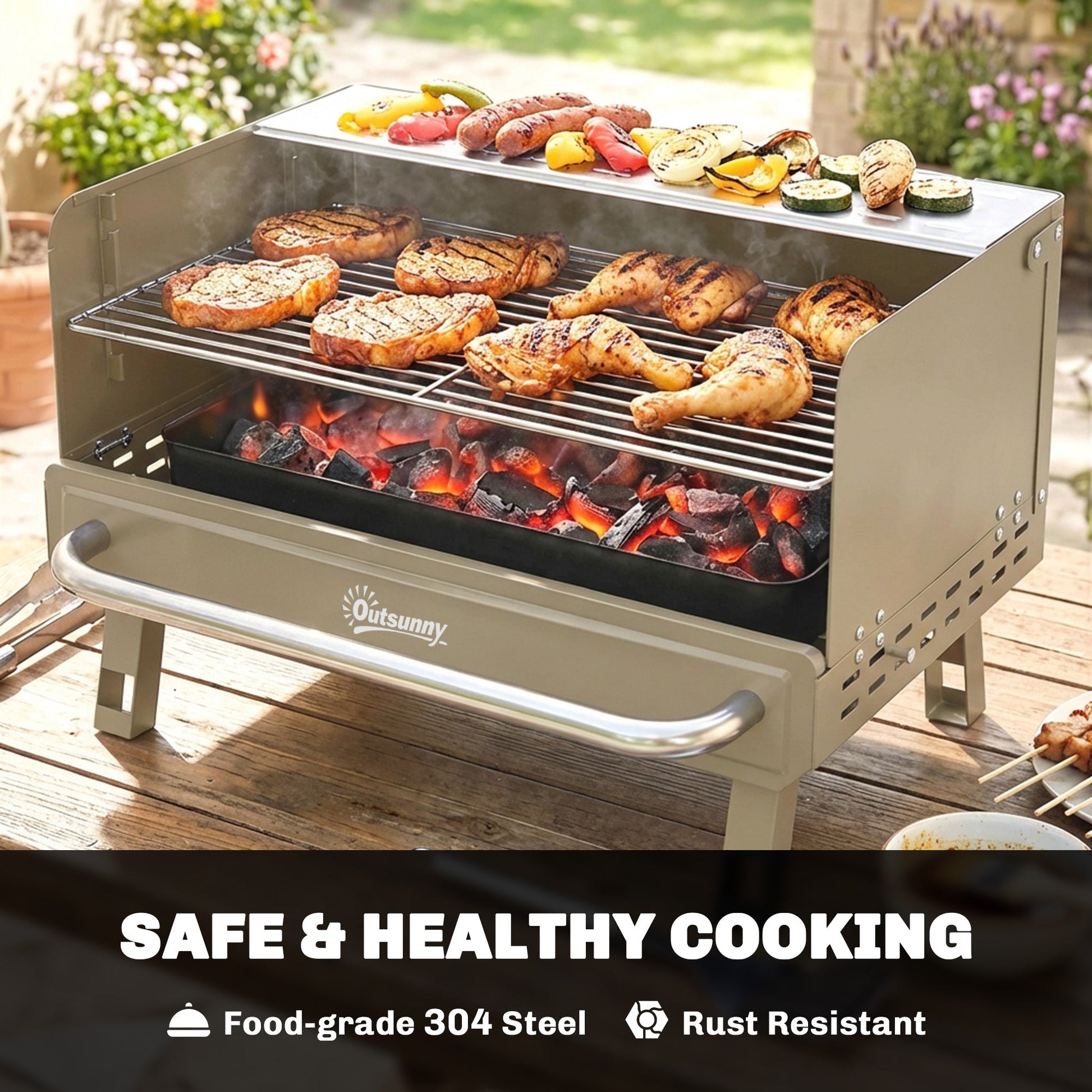 Portable BBQ Grill, Charcoal Barbecue Grill with Adjustable Grates, Foldable Legs and Side Shelf for Camping Hiking Picnic Travel Garden Outdoor Cooking, Khaki