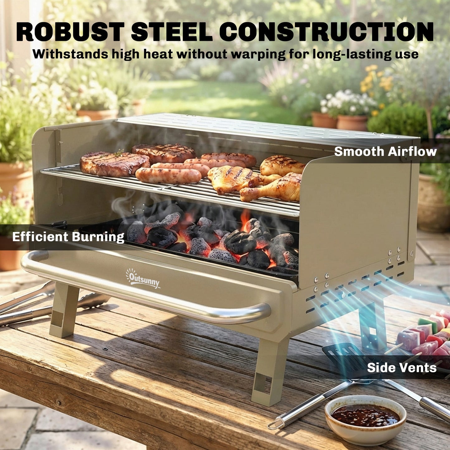 Portable BBQ Grill, Charcoal Barbecue Grill with Adjustable Grates, Foldable Legs and Side Shelf for Camping Hiking Picnic Travel Garden Outdoor Cooking, Khaki