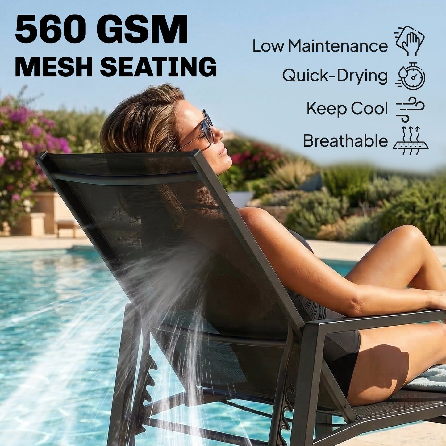 Sun Loungers Set of 2 with Retractable Footrest, 5-Position Adjustable Reclining Garden Lounger, Garden Chaise Lounge Sunbed Recliner Chair w/ Steel Frame for Beach, Porch, Patio, Black