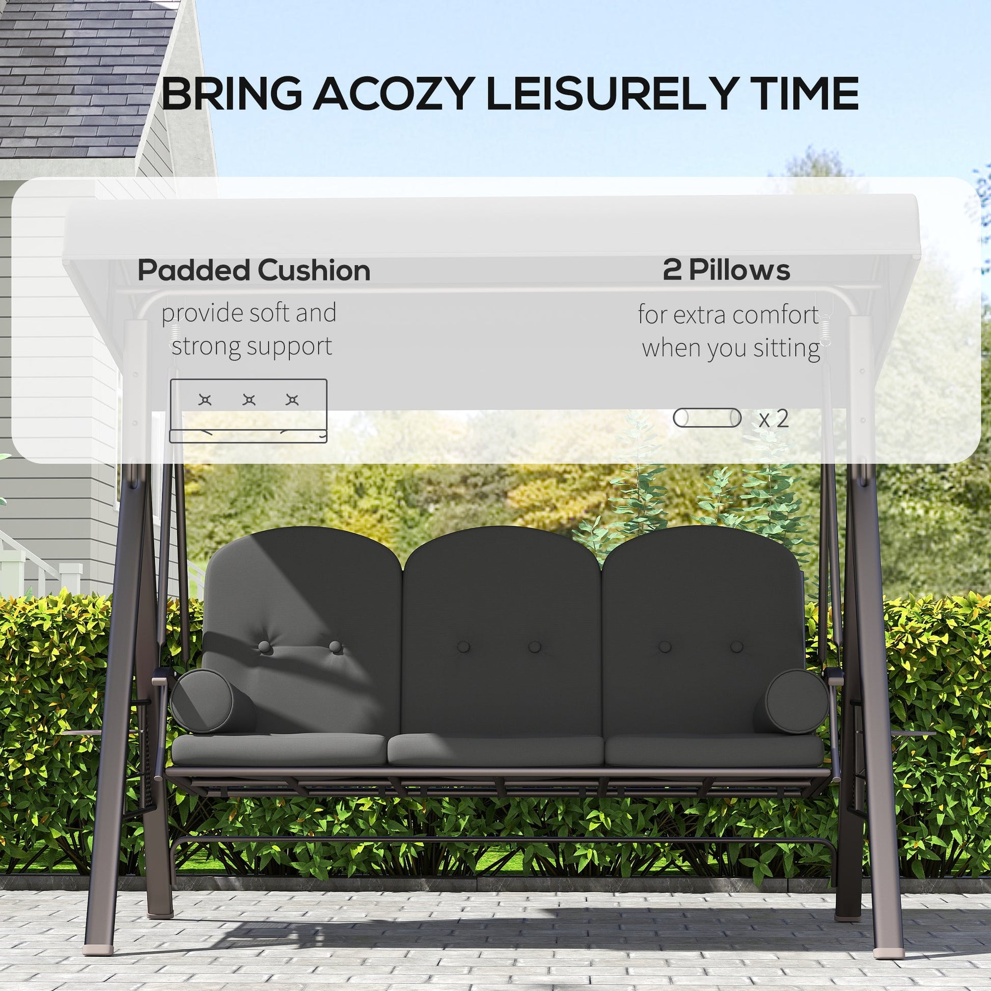 3 Seater Canopy Swing Chair, Outdoor Garden Swing Seat with Adjustable Canopy, Cushions and Cup Trays, Steel Frame, Dark Grey