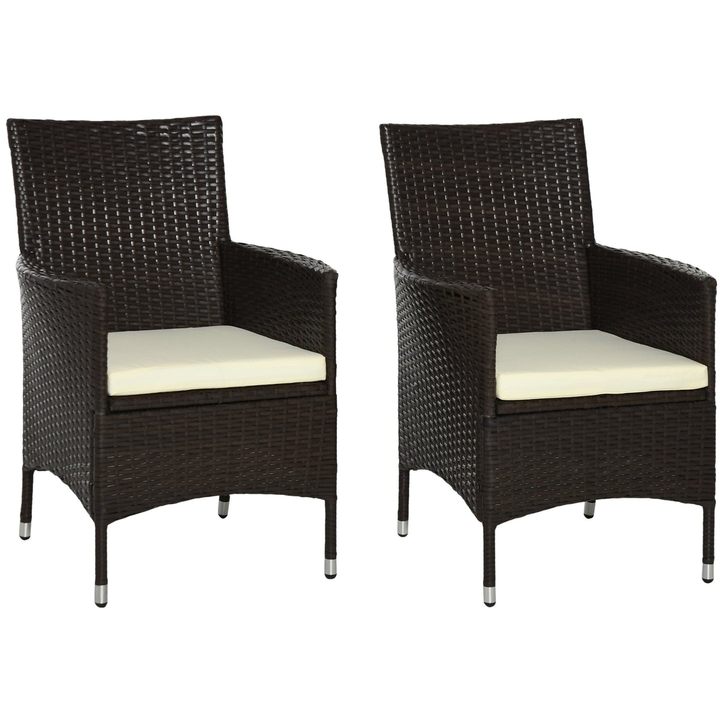 2 Pieces Outdoor PE Rattan Dining Chairs Set with Cushion, Garden Armchair with Armrests, High Backrest, Metal Frame Patio Wicker Furniture, Coffee