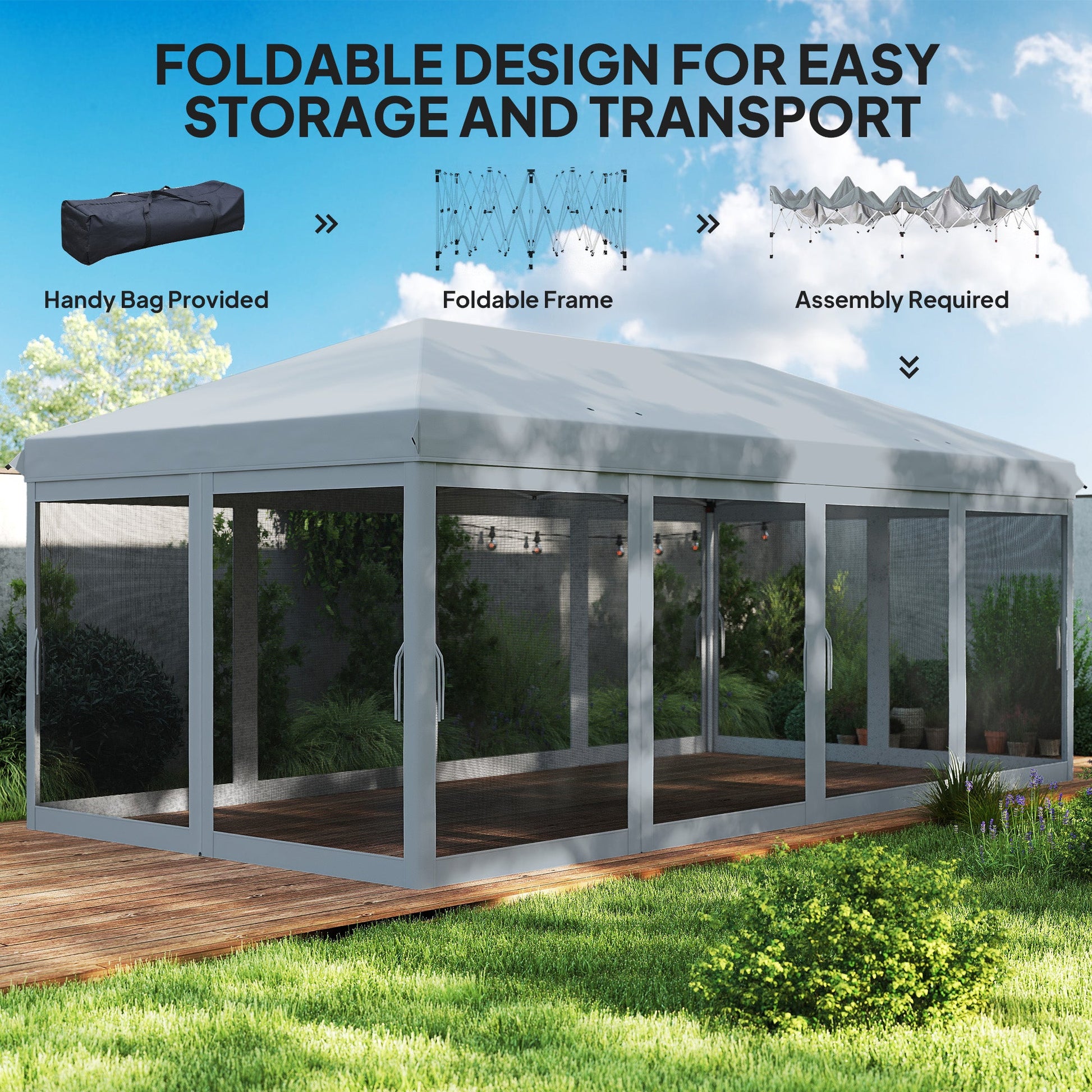 3 x 6m Pop Up Gazebo, Outdoor Canopy Shelter, Marquee Party Wedding Tent with 6 Mesh Walls and Carry Bag, Grey