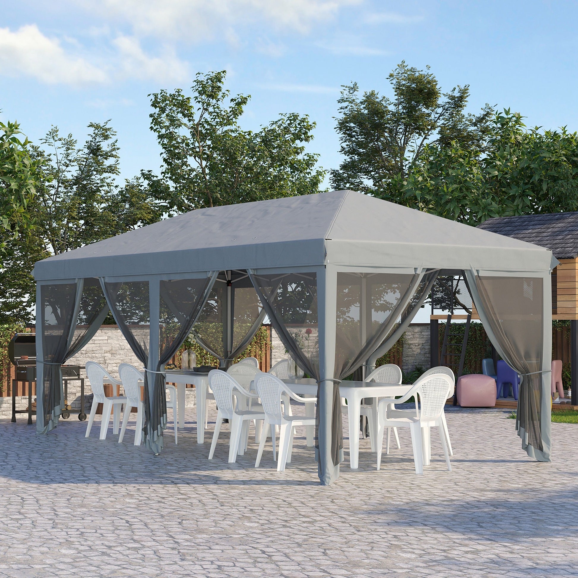3 x 6m Pop Up Gazebo, Outdoor Canopy Shelter, Marquee Party Wedding Tent with 6 Mesh Walls and Carry Bag, Grey
