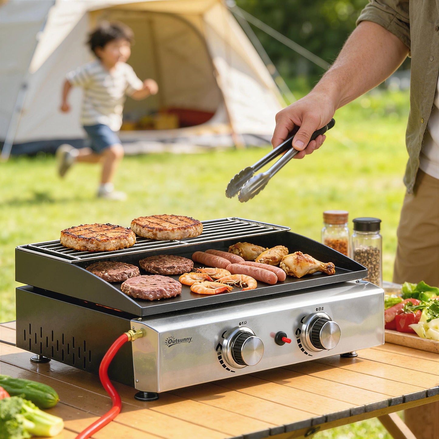 2 Burner Grill Griddle, Portable Gas Plancha with Warming Rack, 5 kW, Tabletop Gas BBQ with Grease Cup for Camping Picnic Patios, Black