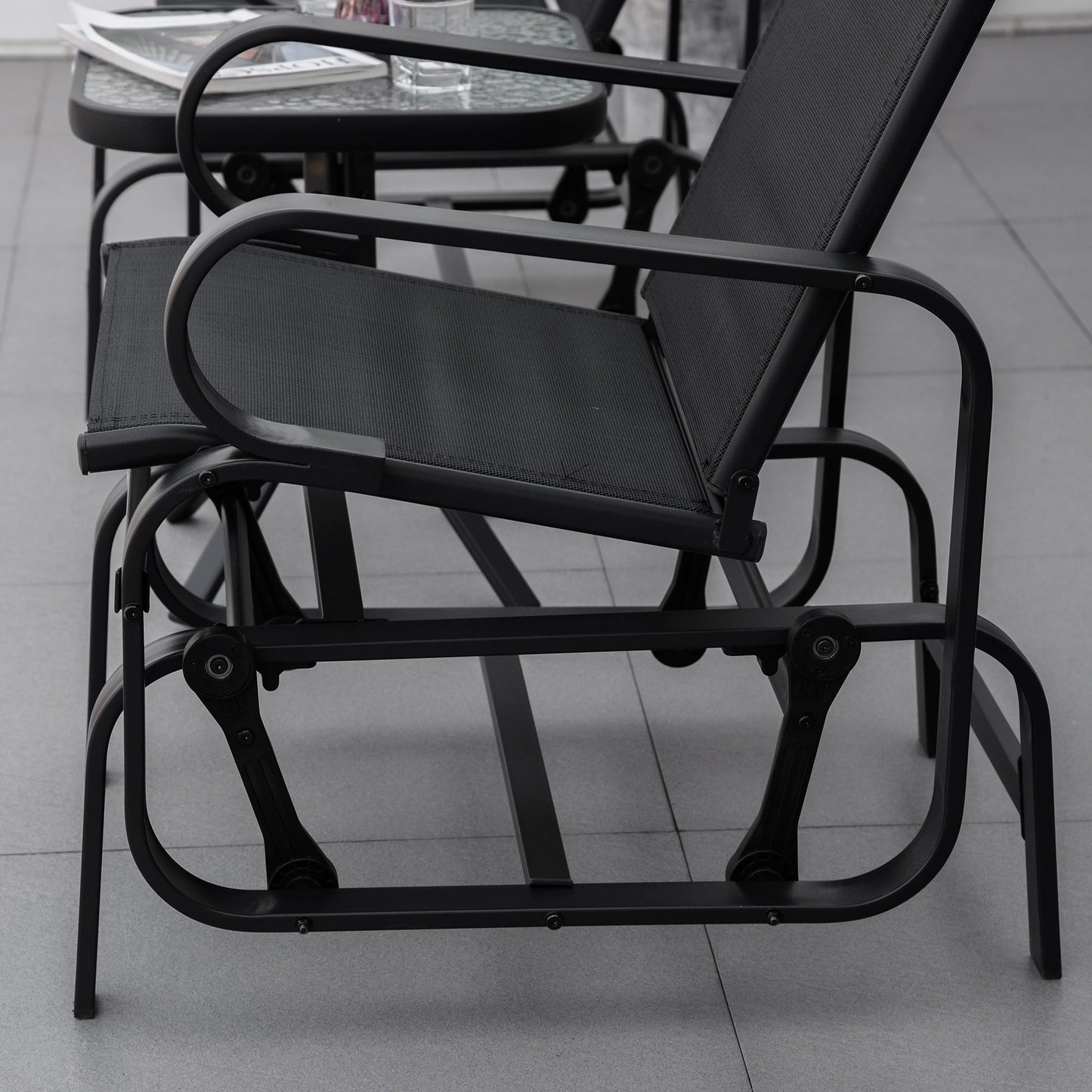 3 Pieces Garden Gliding Chair Set, Metal Frame 2 Single Armchair Swing Seater and 1 Glass Top Coffee Table w/ Breath Mesh Fabric Seat, Black