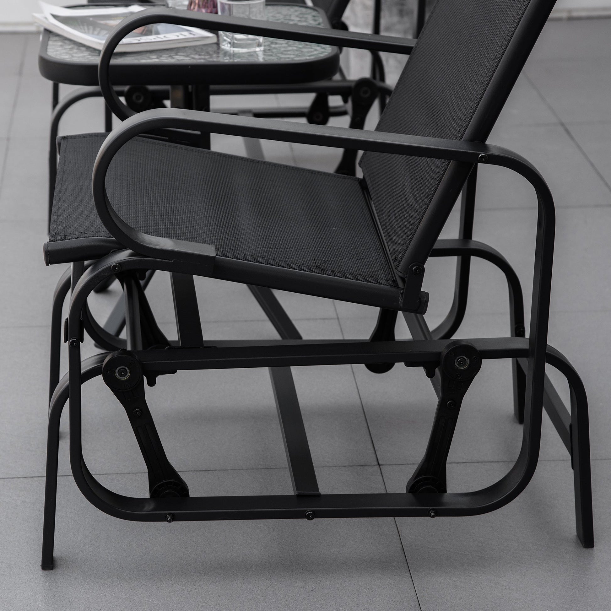 3 Pieces Garden Gliding Chair Set, Metal Frame 2 Single Armchair Swing Seater and 1 Glass Top Coffee Table w/ Breath Mesh Fabric Seat, Black