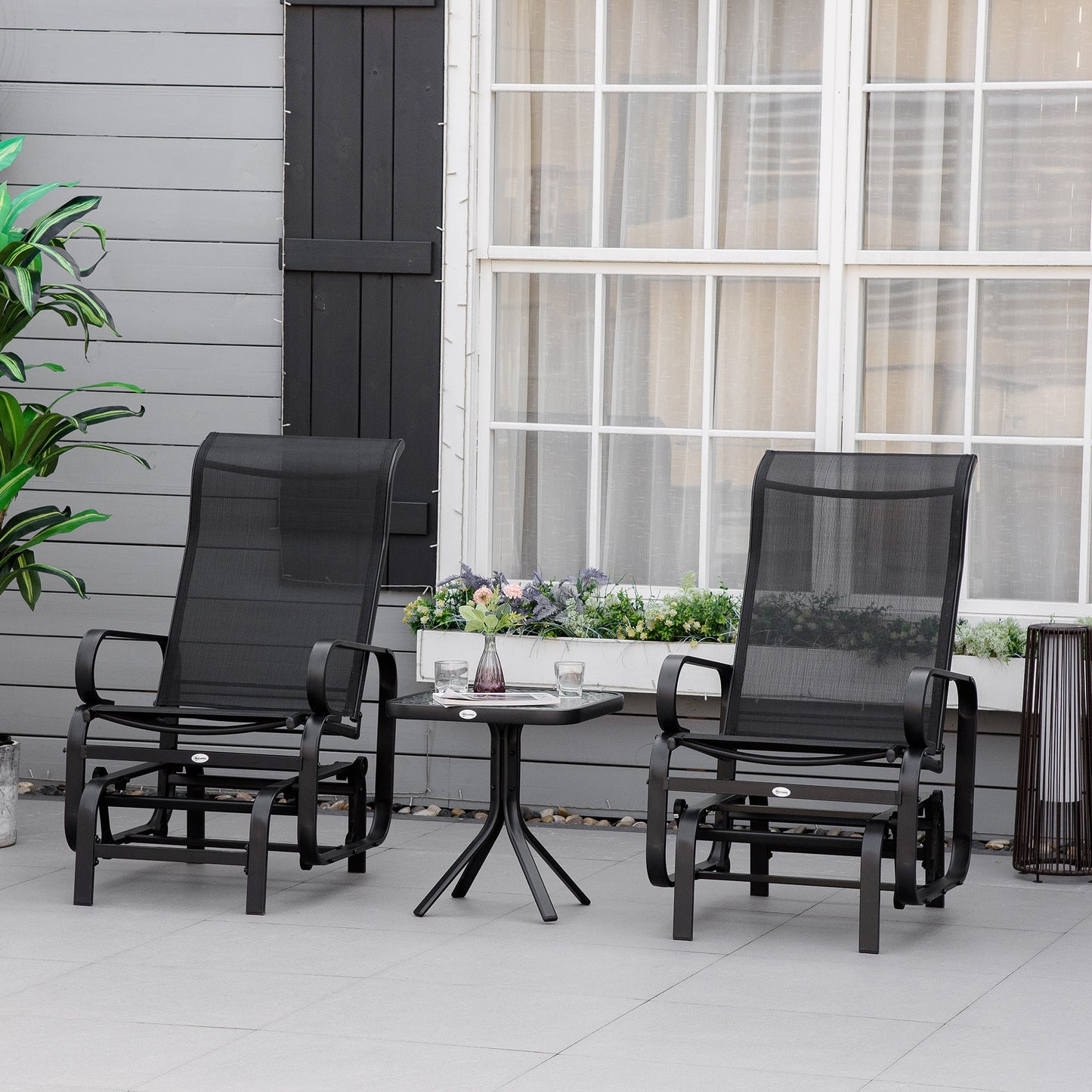 3 Pieces Garden Gliding Chair Set, Metal Frame 2 Single Armchair Swing Seater and 1 Glass Top Coffee Table w/ Breath Mesh Fabric Seat, Black