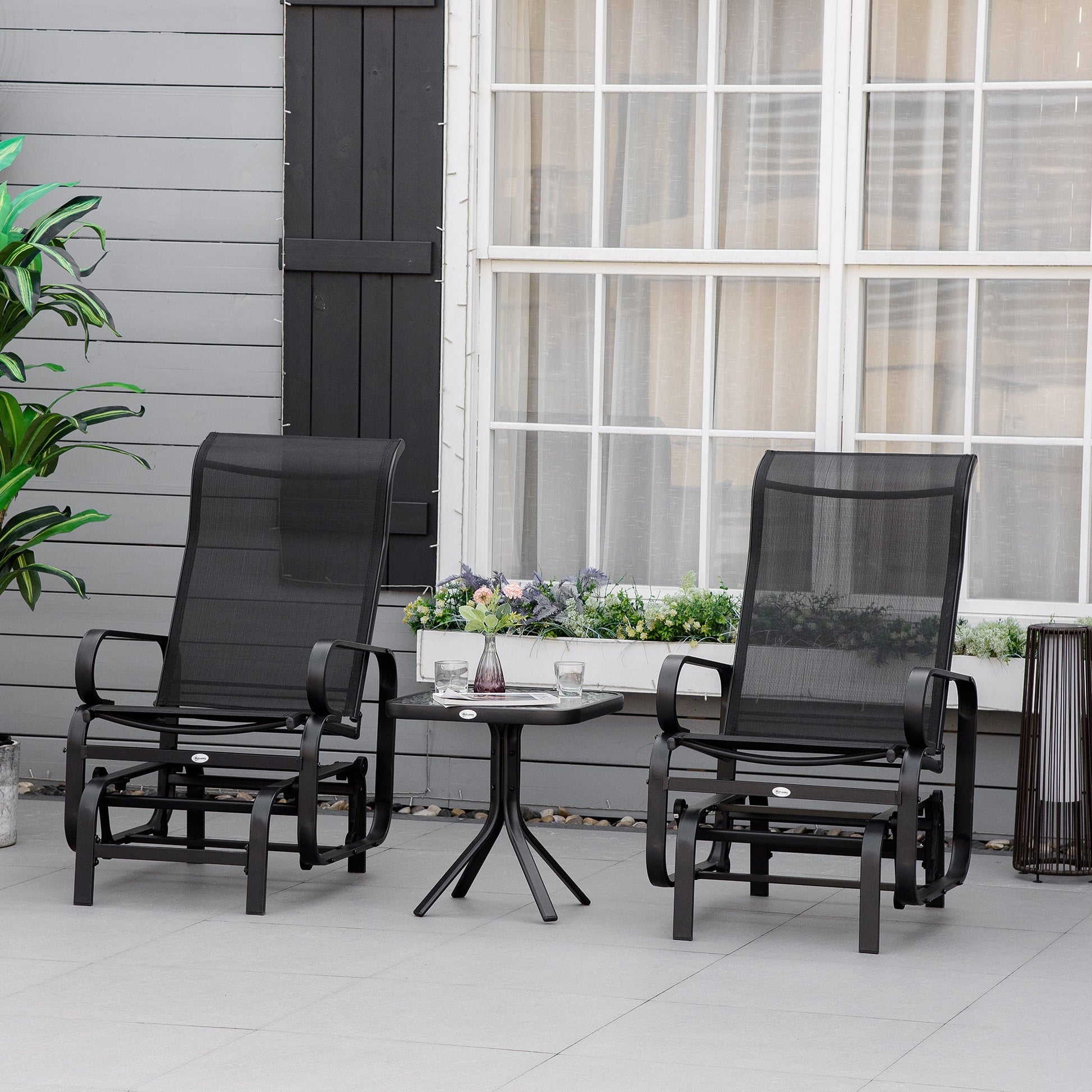 3 Pieces Garden Gliding Chair Set, Metal Frame 2 Single Armchair Swing Seater and 1 Glass Top Coffee Table w/ Breath Mesh Fabric Seat, Black