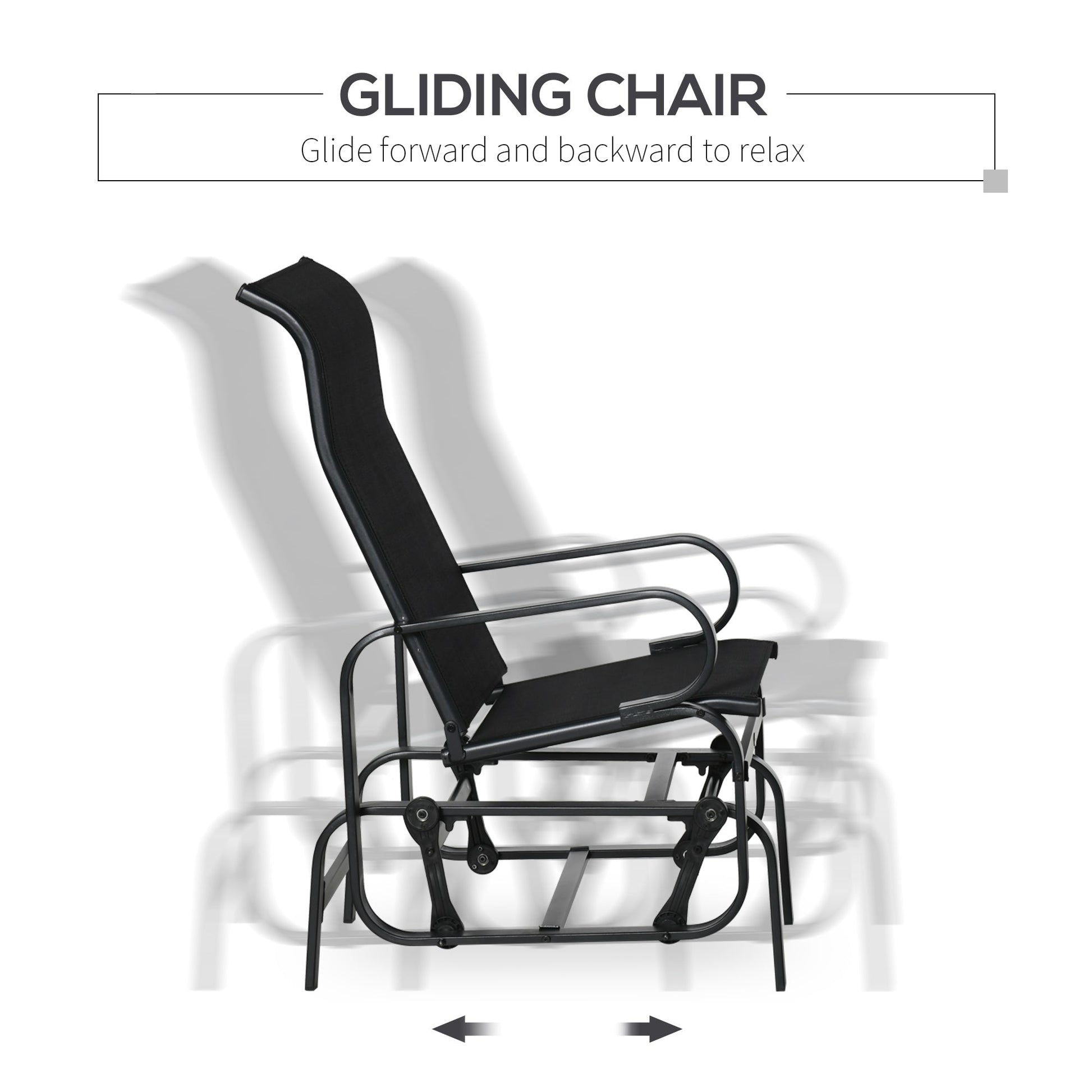 3 Pieces Garden Gliding Chair Set, Metal Frame 2 Single Armchair Swing Seater and 1 Glass Top Coffee Table w/ Breath Mesh Fabric Seat, Black