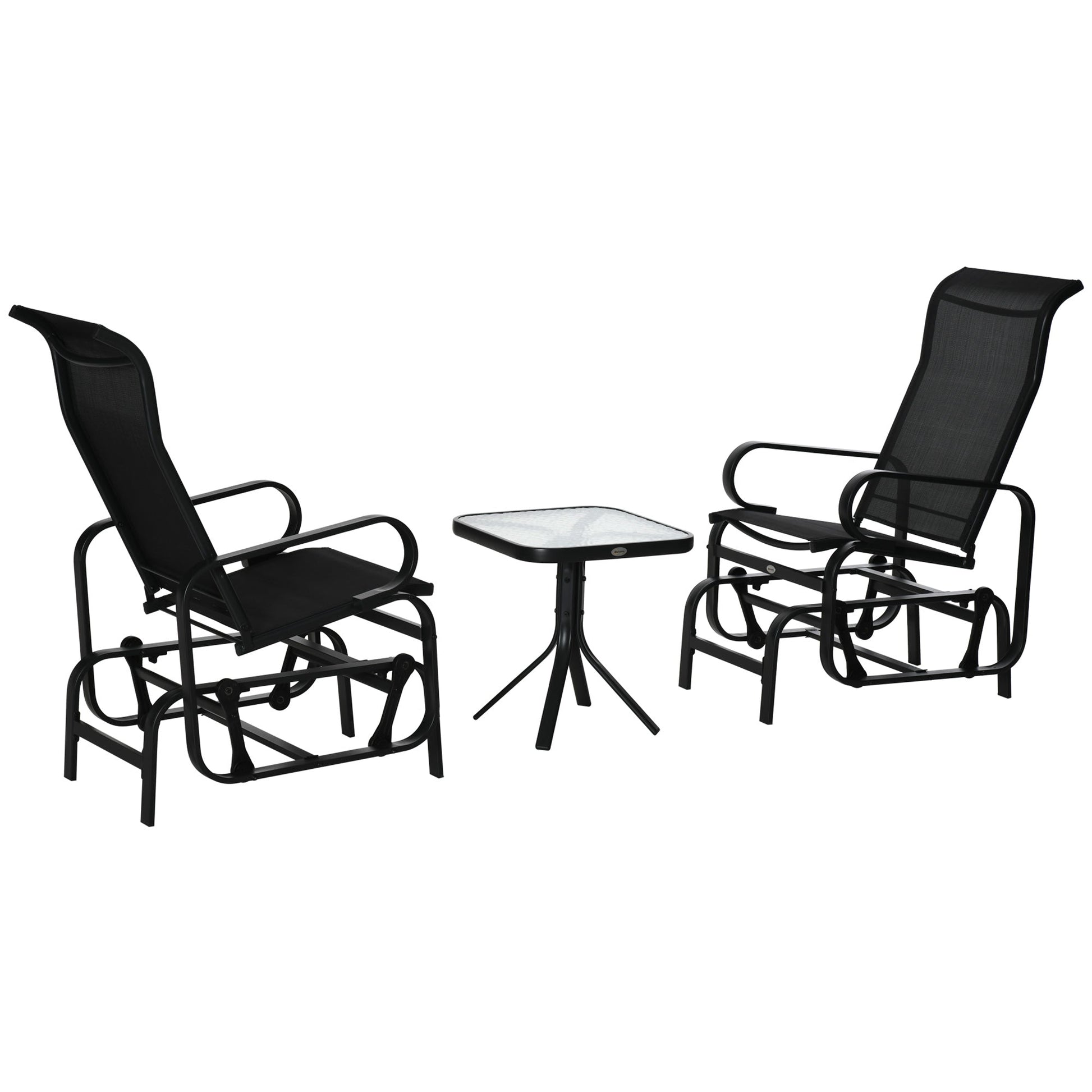 3 Pieces Garden Gliding Chair Set, Metal Frame 2 Single Armchair Swing Seater and 1 Glass Top Coffee Table w/ Breath Mesh Fabric Seat, Black