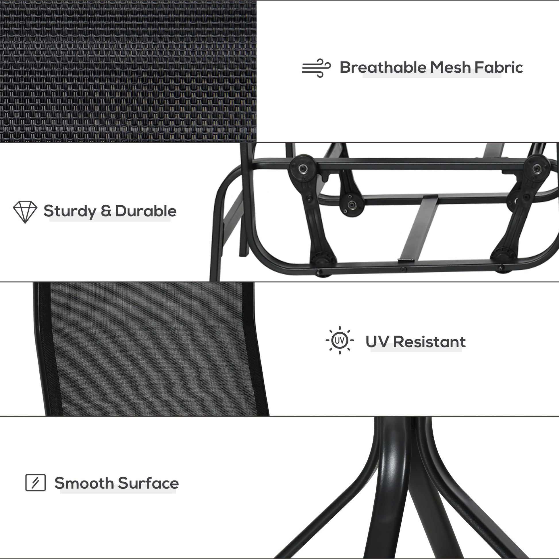 3 Pieces Garden Gliding Chair Set, Metal Frame 2 Single Armchair Swing Seater and 1 Glass Top Coffee Table w/ Breath Mesh Fabric Seat, Black
