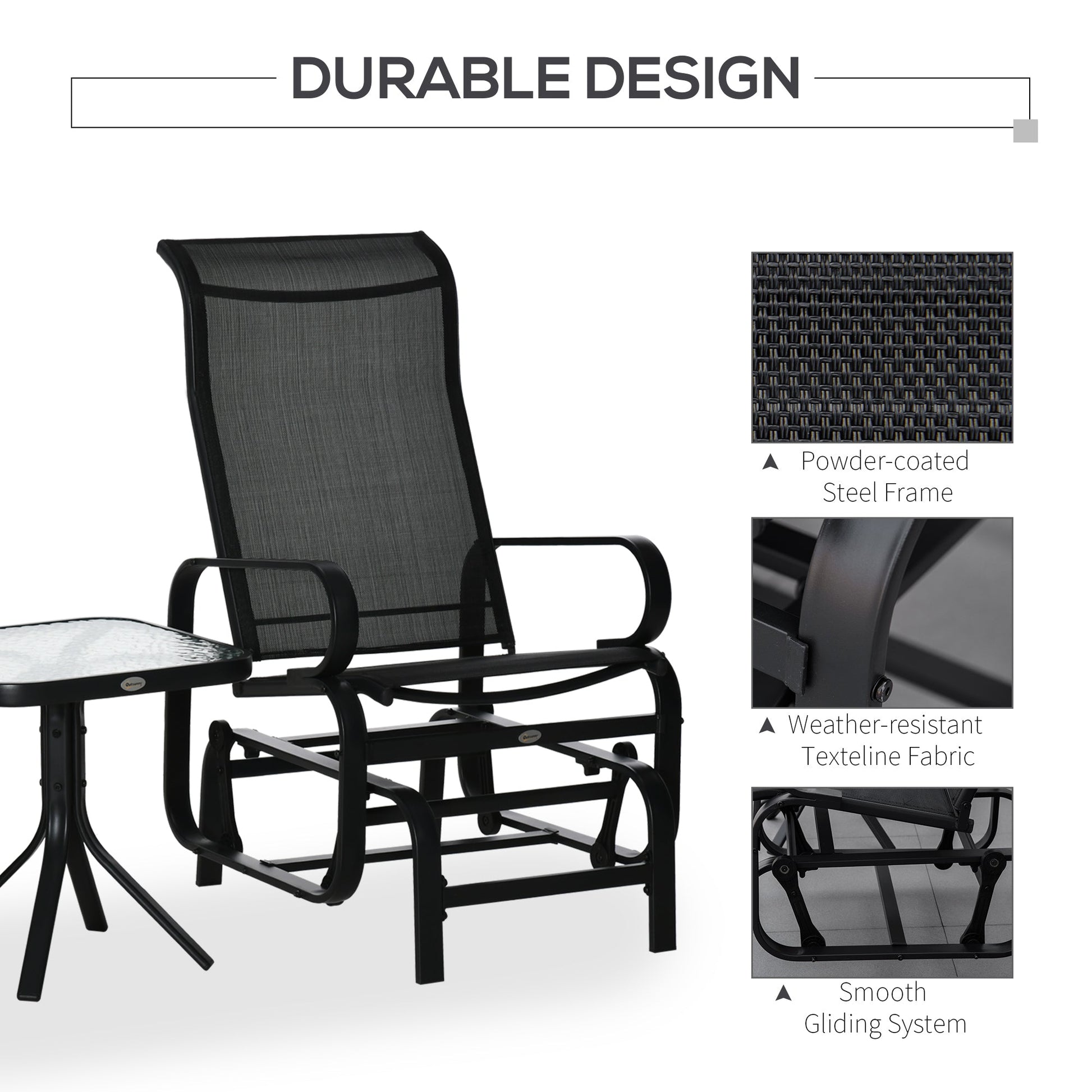 3 Pieces Garden Gliding Chair Set, Metal Frame 2 Single Armchair Swing Seater and 1 Glass Top Coffee Table w/ Breath Mesh Fabric Seat, Black