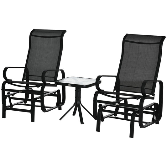 3 Pieces Garden Gliding Chair Set, Metal Frame 2 Single Armchair Swing Seater and 1 Glass Top Coffee Table w/ Breath Mesh Fabric Seat, Black