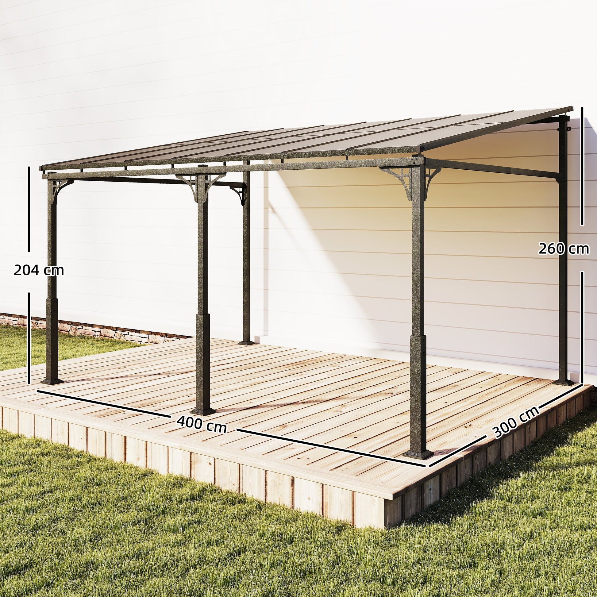 4 x 3 m Metal Lean-to Pergola, Wall-Mounted Garden Pergola with Polycarbonate Roof and Metal-Aluminium Frame, Heavy Duty Hardtop Gazebo for Outdoor Patios, BBQ, Brown