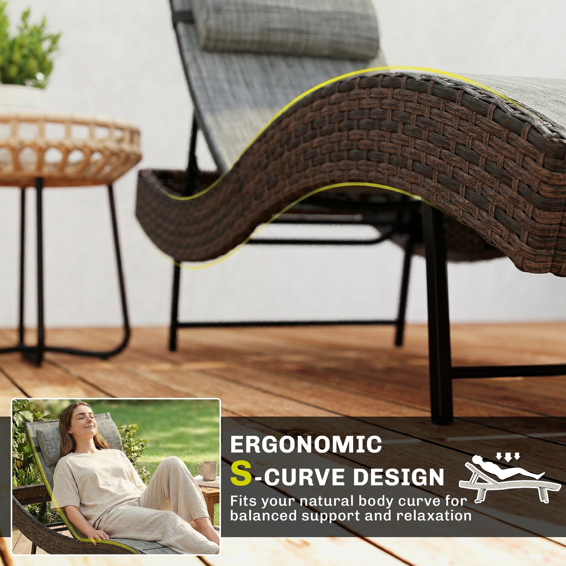 Rattan Sun Lounger, 5 Position Adjustable Garden Lounger Recliner with S Shaped Texteline Seat and Headrest, Reclining Outdoor Sunbed with Metal Frame for Patio, Terrace, Brown