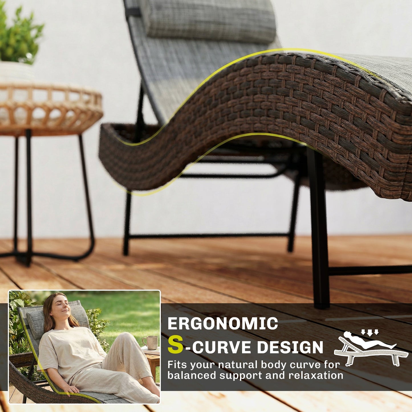 Rattan Sun Lounger, 5 Position Adjustable Garden Lounger Recliner with S Shaped Texteline Seat and Headrest, Reclining Outdoor Sunbed with Metal Frame for Patio, Terrace, Brown