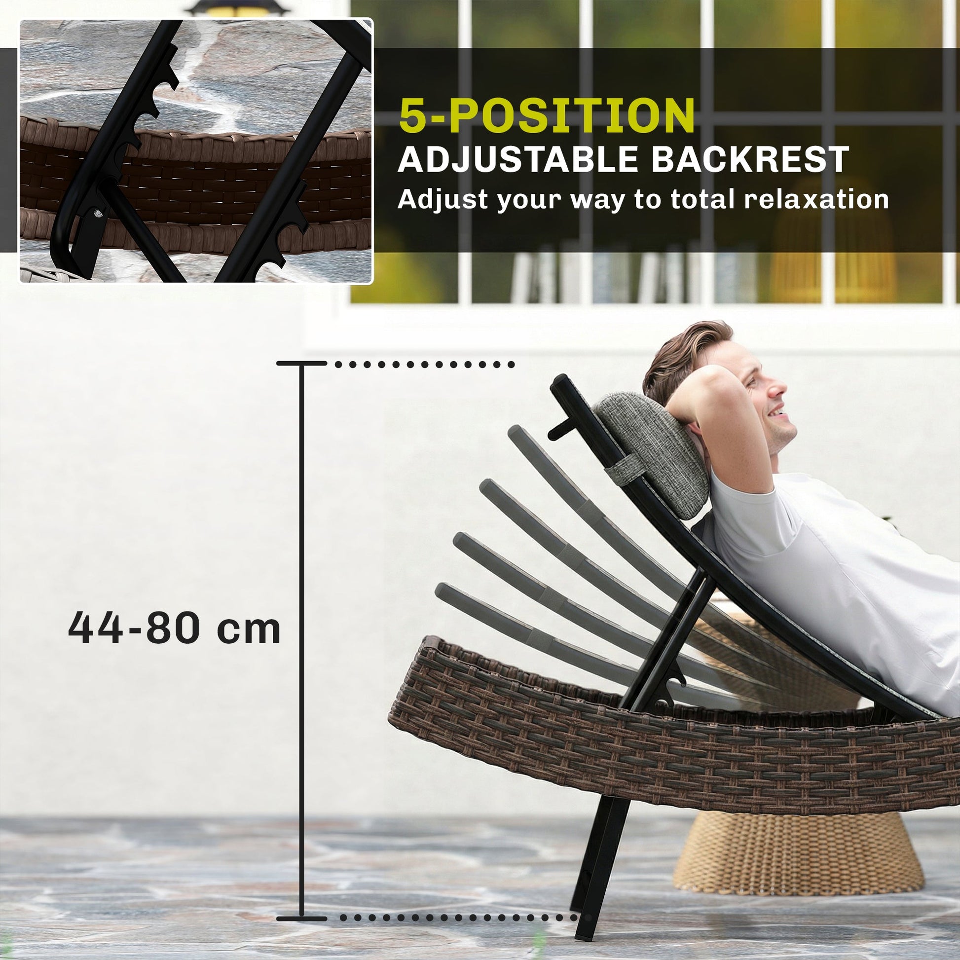 Rattan Sun Lounger, 5 Position Adjustable Garden Lounger Recliner with S Shaped Texteline Seat and Headrest, Reclining Outdoor Sunbed with Metal Frame for Patio, Terrace, Brown
