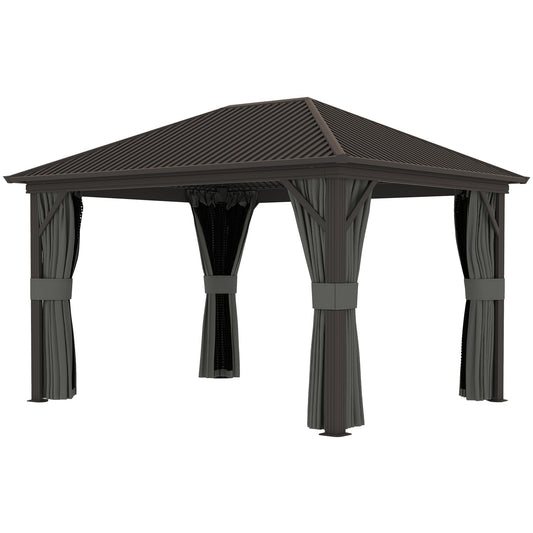 3 x 3.6m Outdoor Hardtop Gazebo Metal Roof Patio Gazebo with Aluminium Frame, Mesh Nettings, Curtains, & Roomy Interior Space, Dark Grey