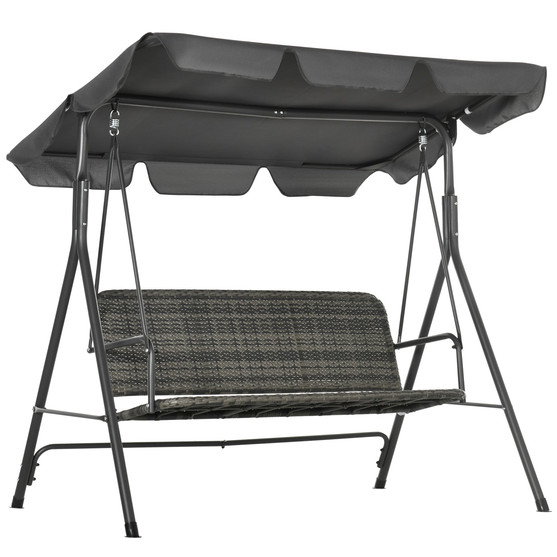 3-Seater Outdoor PE Rattan Swing Chair, Patio Wicker Hanging Swing Bench with Steel Frame Stand & Adjustable Canopy, Grey