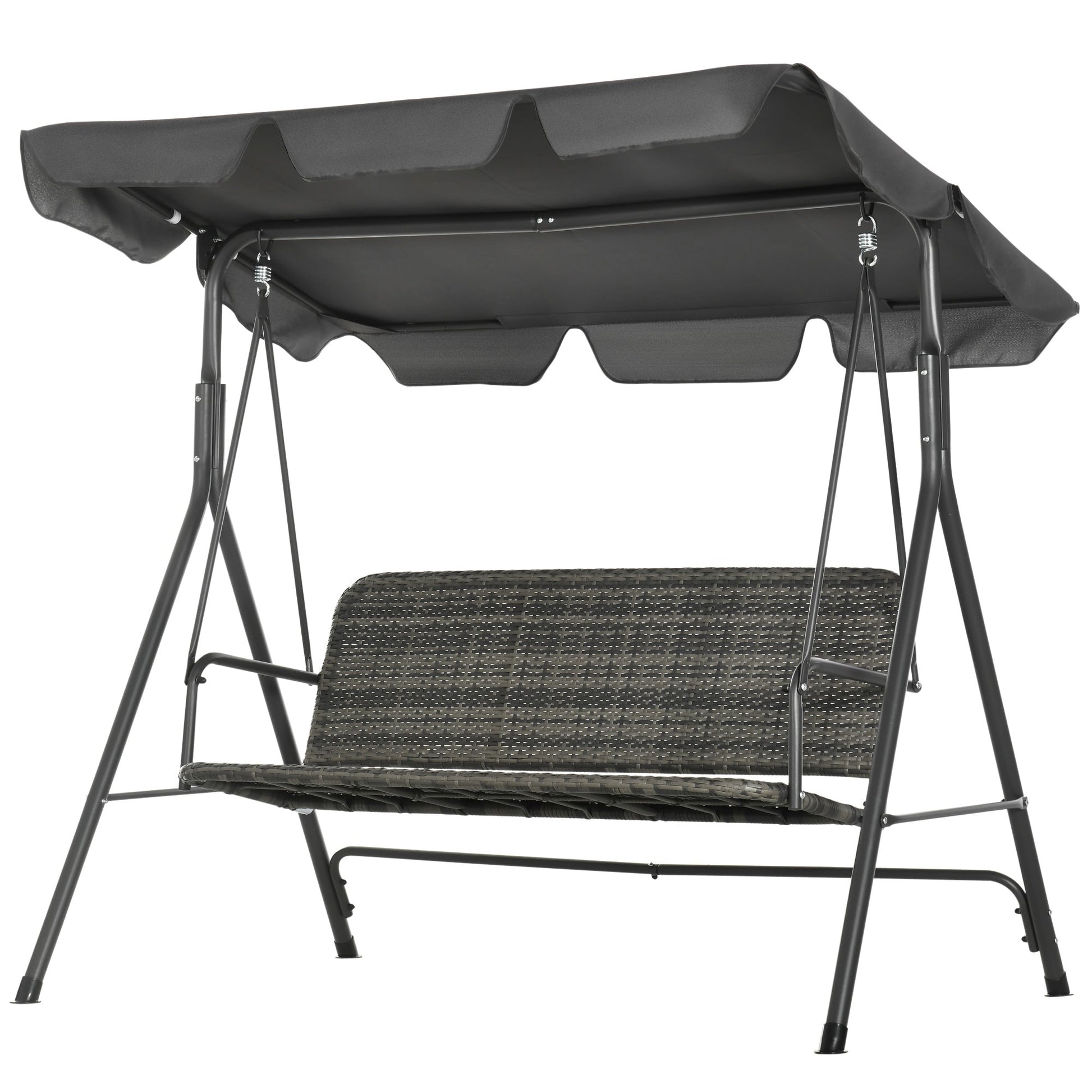 3-Seater Outdoor PE Rattan Swing Chair, Patio Wicker Hanging Swing Bench with Steel Frame Stand & Adjustable Canopy, Grey
