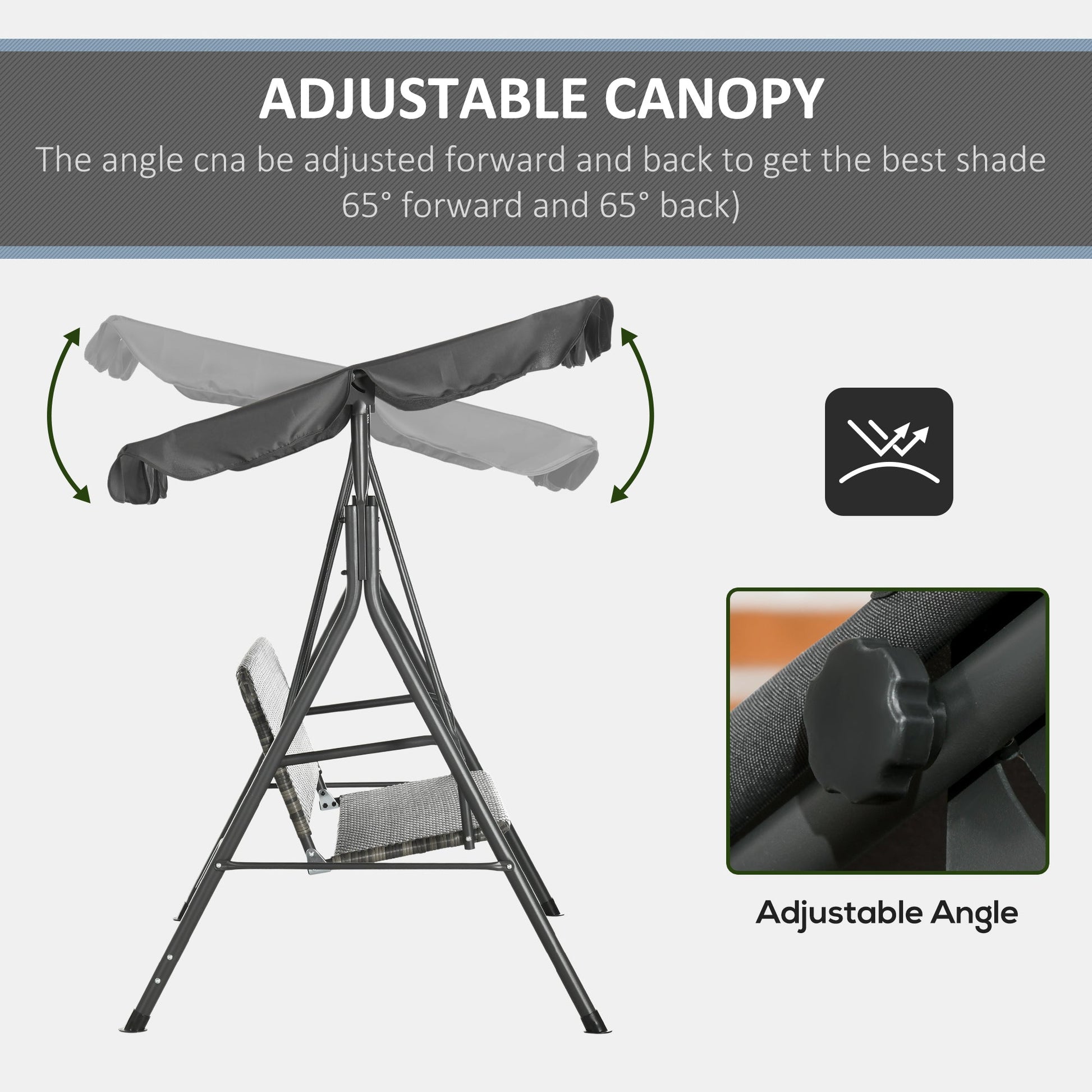 3-Seater Outdoor PE Rattan Swing Chair, Patio Wicker Hanging Swing Bench with Steel Frame Stand & Adjustable Canopy, Grey