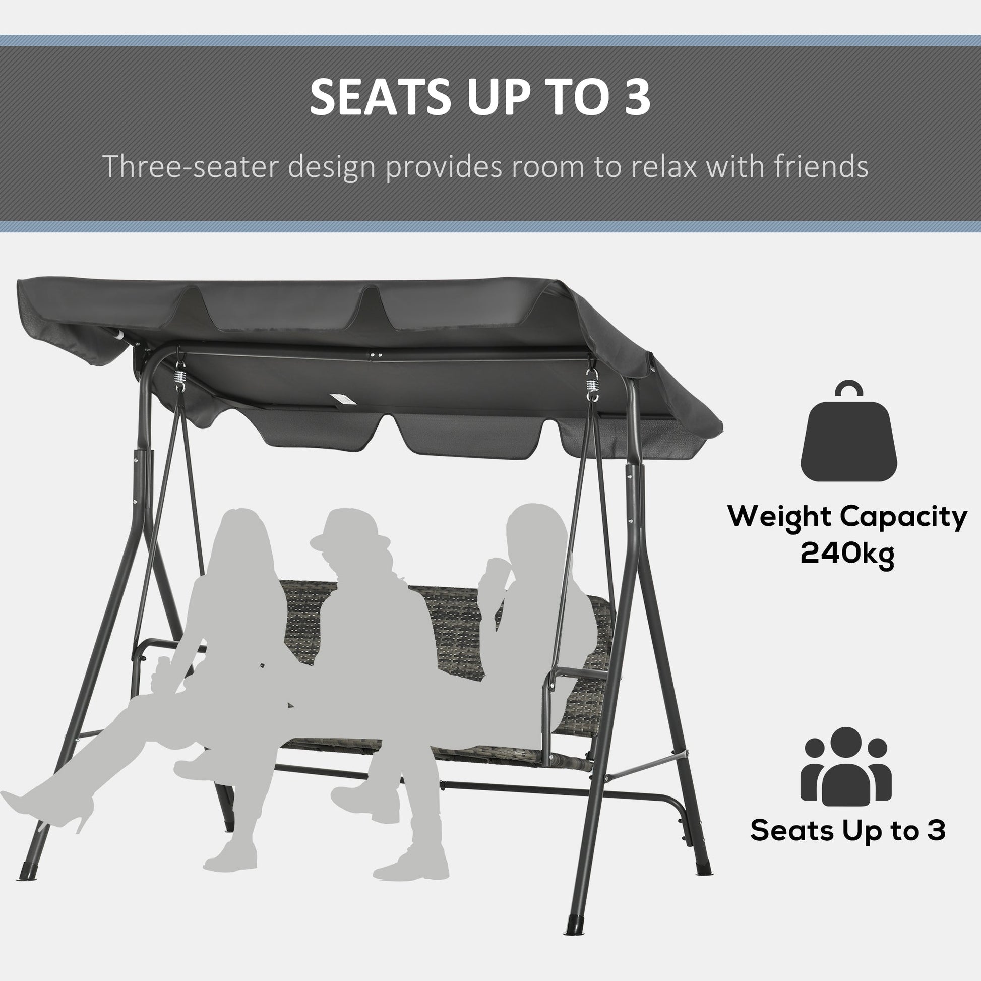 3-Seater Outdoor PE Rattan Swing Chair, Patio Wicker Hanging Swing Bench with Steel Frame Stand & Adjustable Canopy, Grey