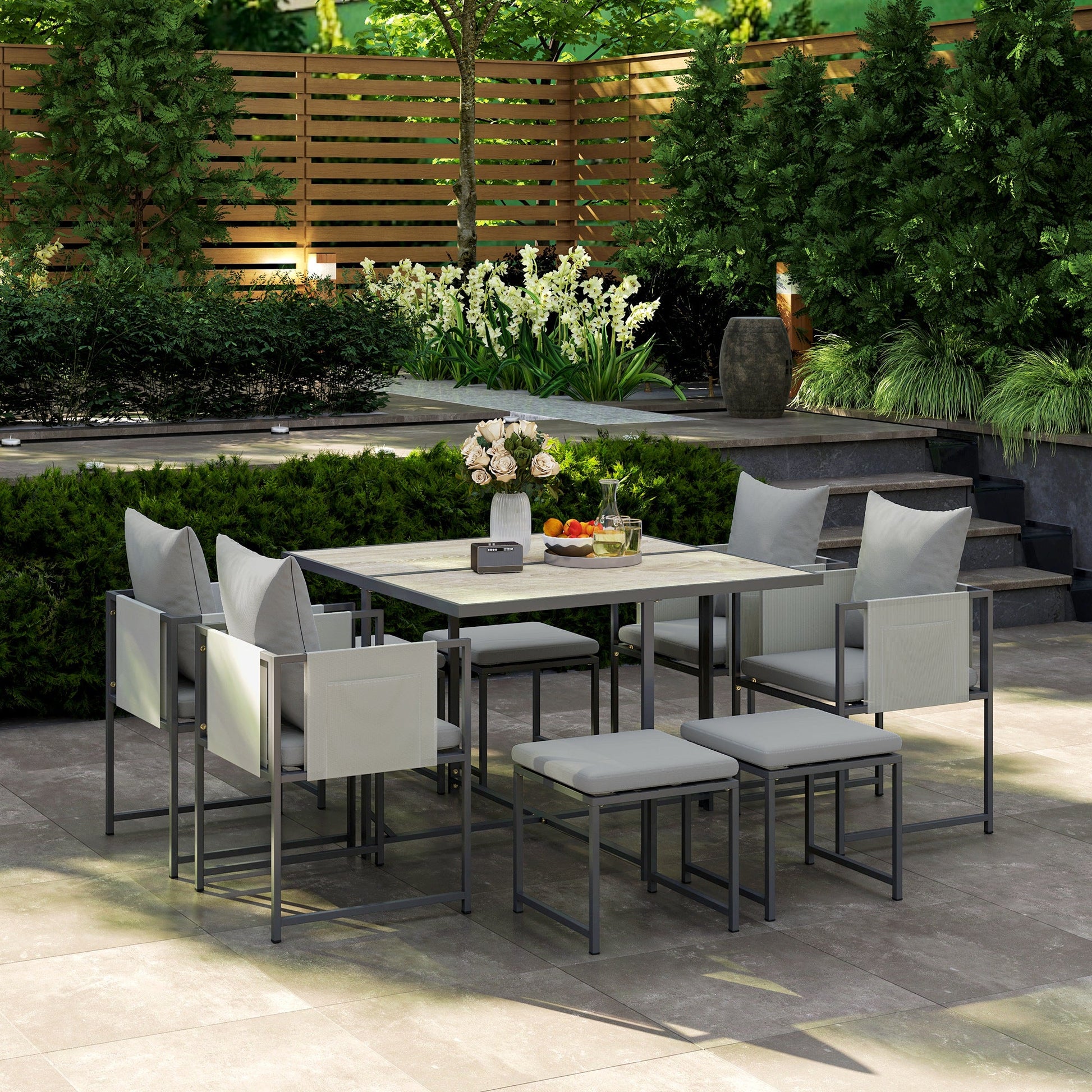 9 Piece Garden Dining Set, Cube Outdoor Garden Furniture Set with Cushions, 8 Seater Garden Table and Chairs with 4 Stools, Square PSPC Plastic Top Table, Side Pockets for Conservatory, Grey