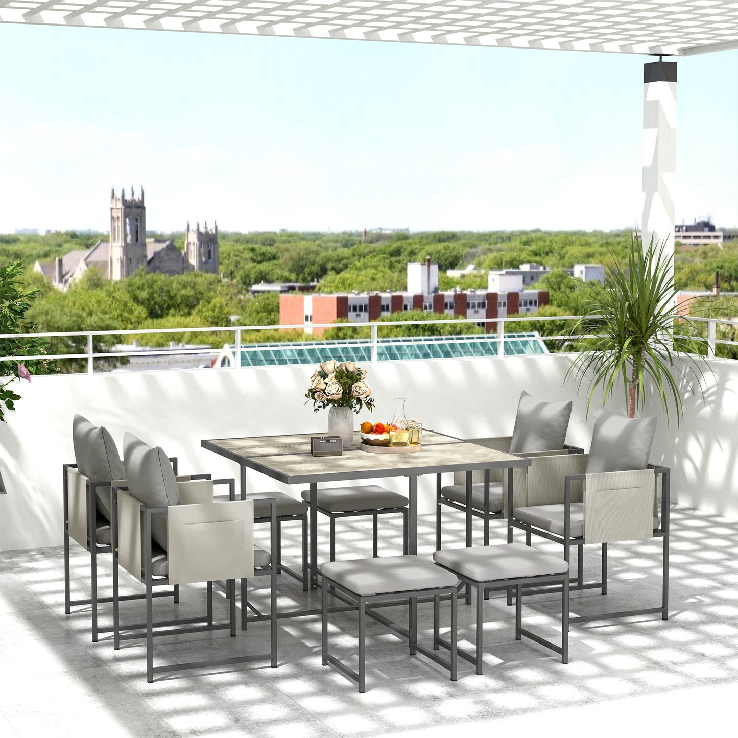 9 Piece Garden Dining Set, Cube Outdoor Garden Furniture Set with Cushions, 8 Seater Garden Table and Chairs with 4 Stools, Square PSPC Plastic Top Table, Side Pockets for Conservatory, Grey