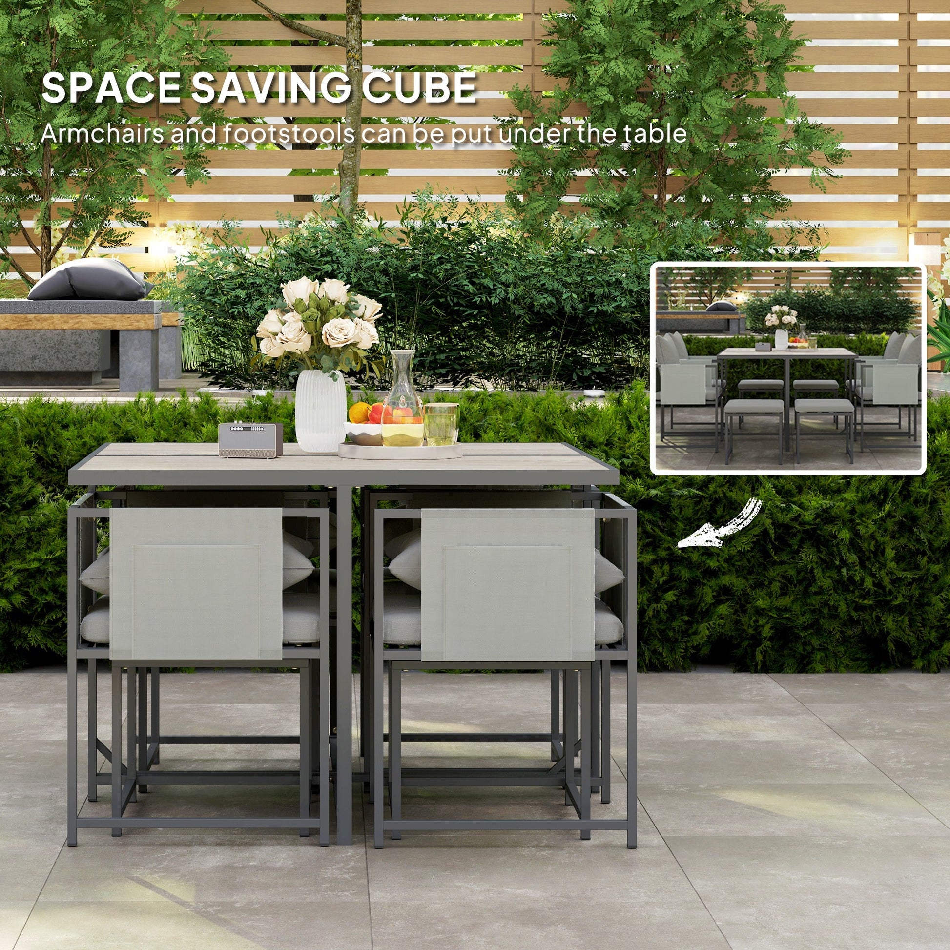 9 Piece Garden Dining Set, Cube Outdoor Garden Furniture Set with Cushions, 8 Seater Garden Table and Chairs with 4 Stools, Square PSPC Plastic Top Table, Side Pockets for Conservatory, Grey