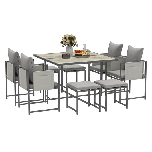 9 Piece Garden Dining Set, Cube Outdoor Garden Furniture Set with Cushions, 8 Seater Garden Table and Chairs with 4 Stools, Square PSPC Plastic Top Table, Side Pockets for Conservatory, Grey
