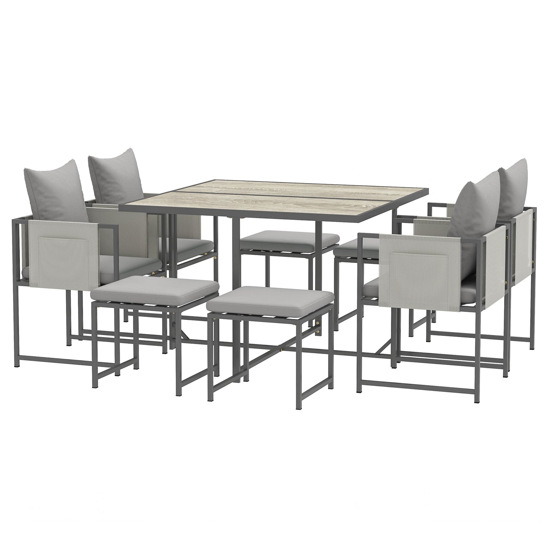 9 Piece Garden Dining Set, Cube Outdoor Garden Furniture Set with Cushions, 8 Seater Garden Table and Chairs with 4 Stools, Square PSPC Plastic Top Table, Side Pockets for Conservatory, Grey