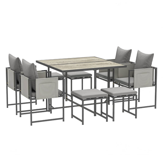 9 Piece Garden Dining Set, Cube Outdoor Garden Furniture Set with Cushions, 8 Seater Garden Table and Chairs with 4 Stools, Square PSPC Plastic Top Table, Side Pockets for Conservatory, Grey