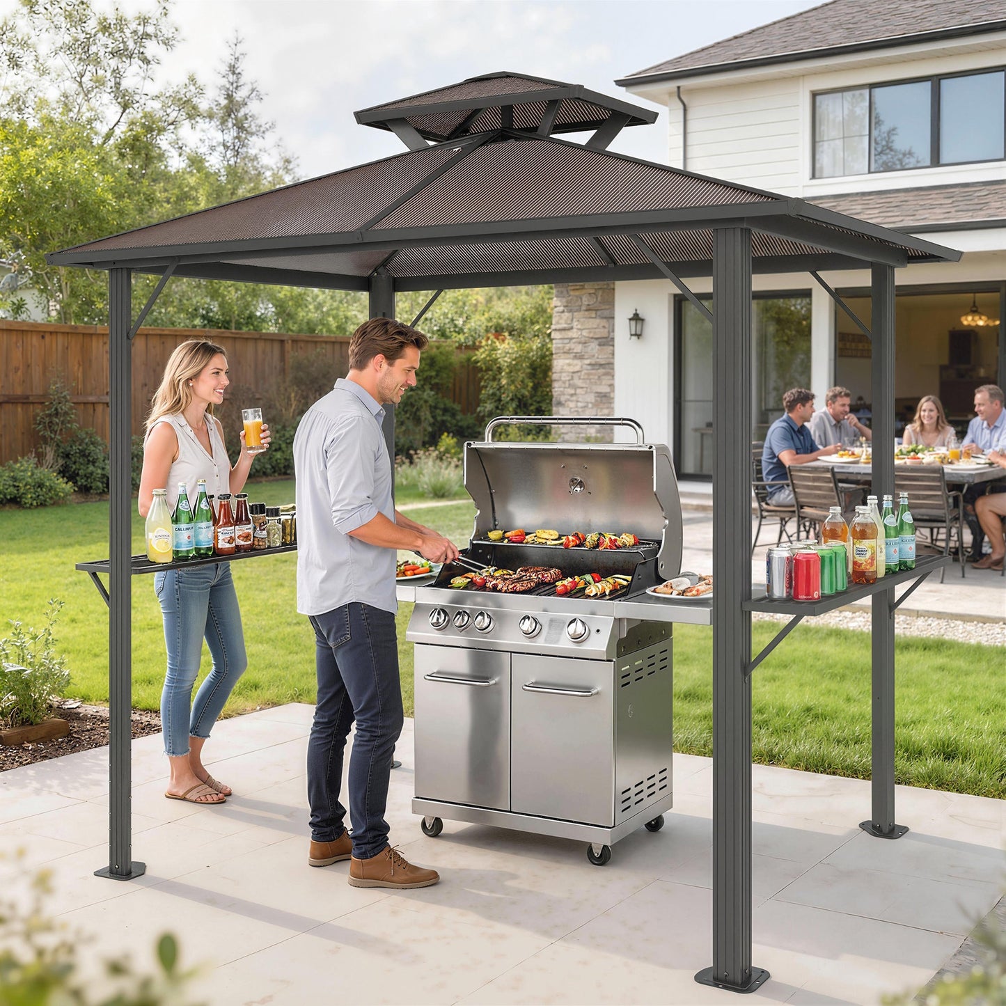 2.5 x 1.5 m Hardtop BBQ Grill Gazebo with Double Polycarbonate Roof, Aluminium Outdoor BBQ Gazebo Shelter Grill Canopy with 2 Side Shelves for Garden Patio, Brown