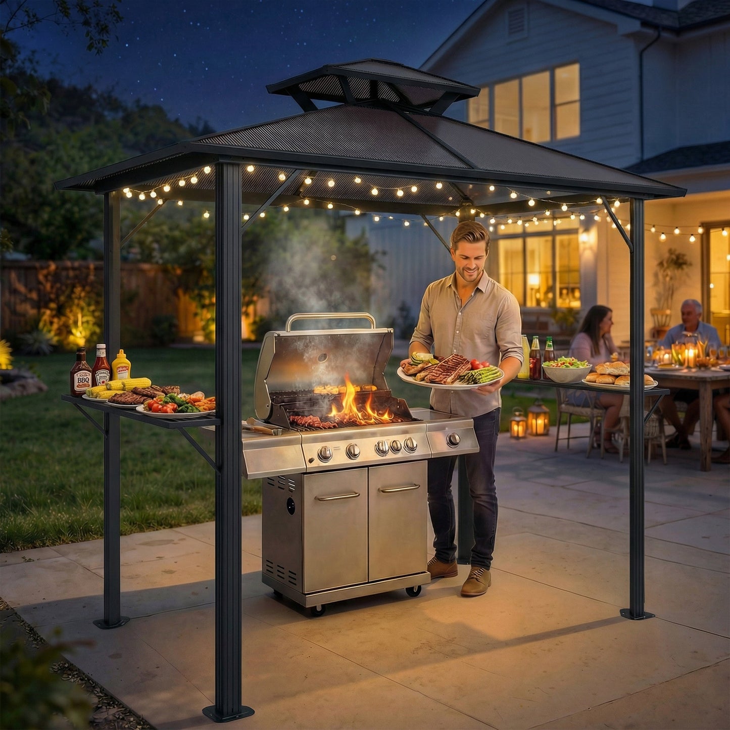 2.5 x 1.5 m Hardtop BBQ Grill Gazebo with Double Polycarbonate Roof, Aluminium Outdoor BBQ Gazebo Shelter Grill Canopy with 2 Side Shelves for Garden Patio, Brown