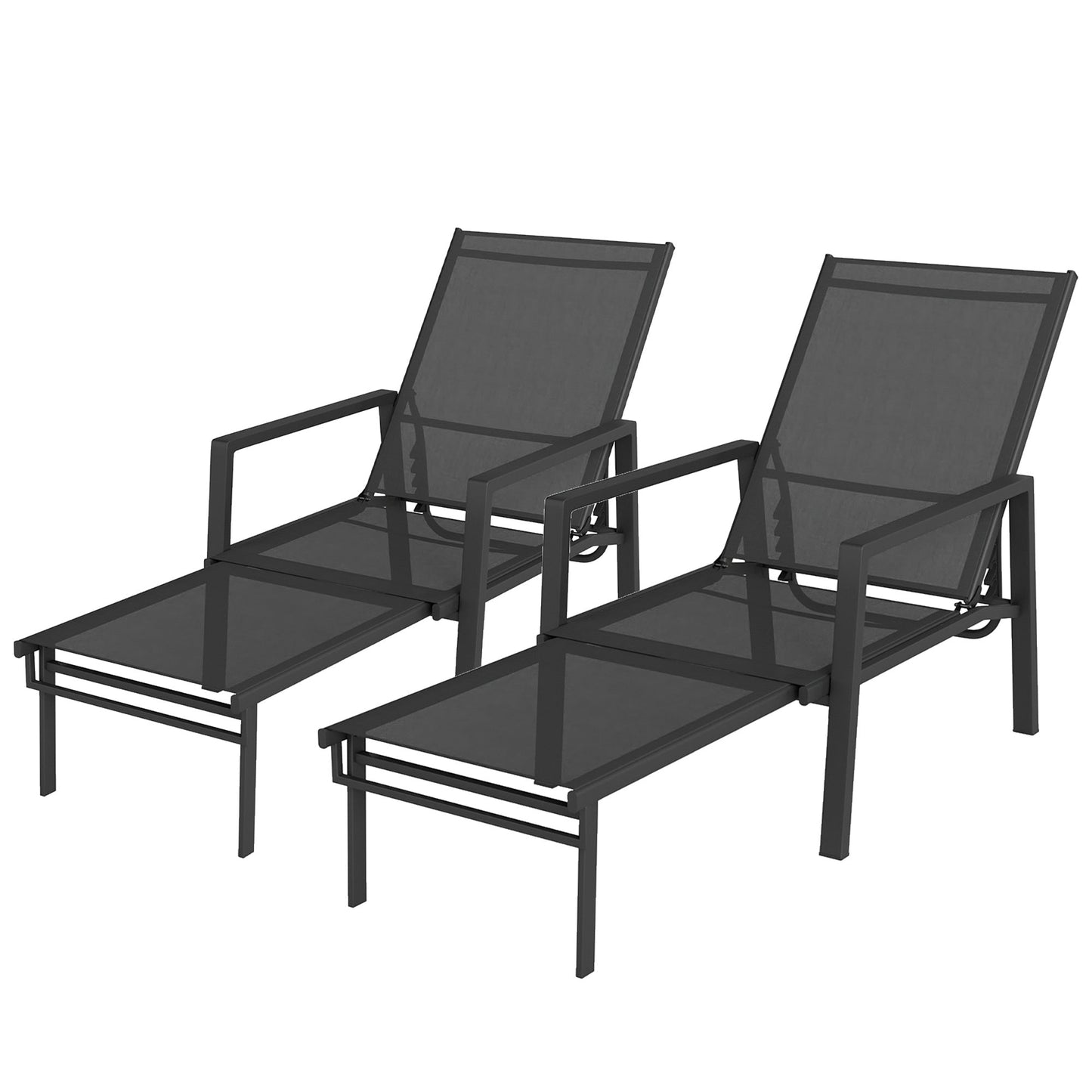 Sun Loungers Set of 2 with Retractable Footrest, 5-Position Adjustable Reclining Garden Lounger, Garden Chaise Lounge Sunbed Recliner Chair w/ Steel Frame for Beach, Porch, Patio, Black
