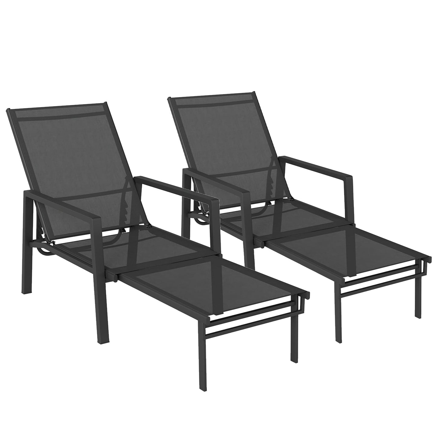 Sun Loungers Set of 2 with Retractable Footrest, 5-Position Adjustable Reclining Garden Lounger, Garden Chaise Lounge Sunbed Recliner Chair w/ Steel Frame for Beach, Porch, Patio, Black