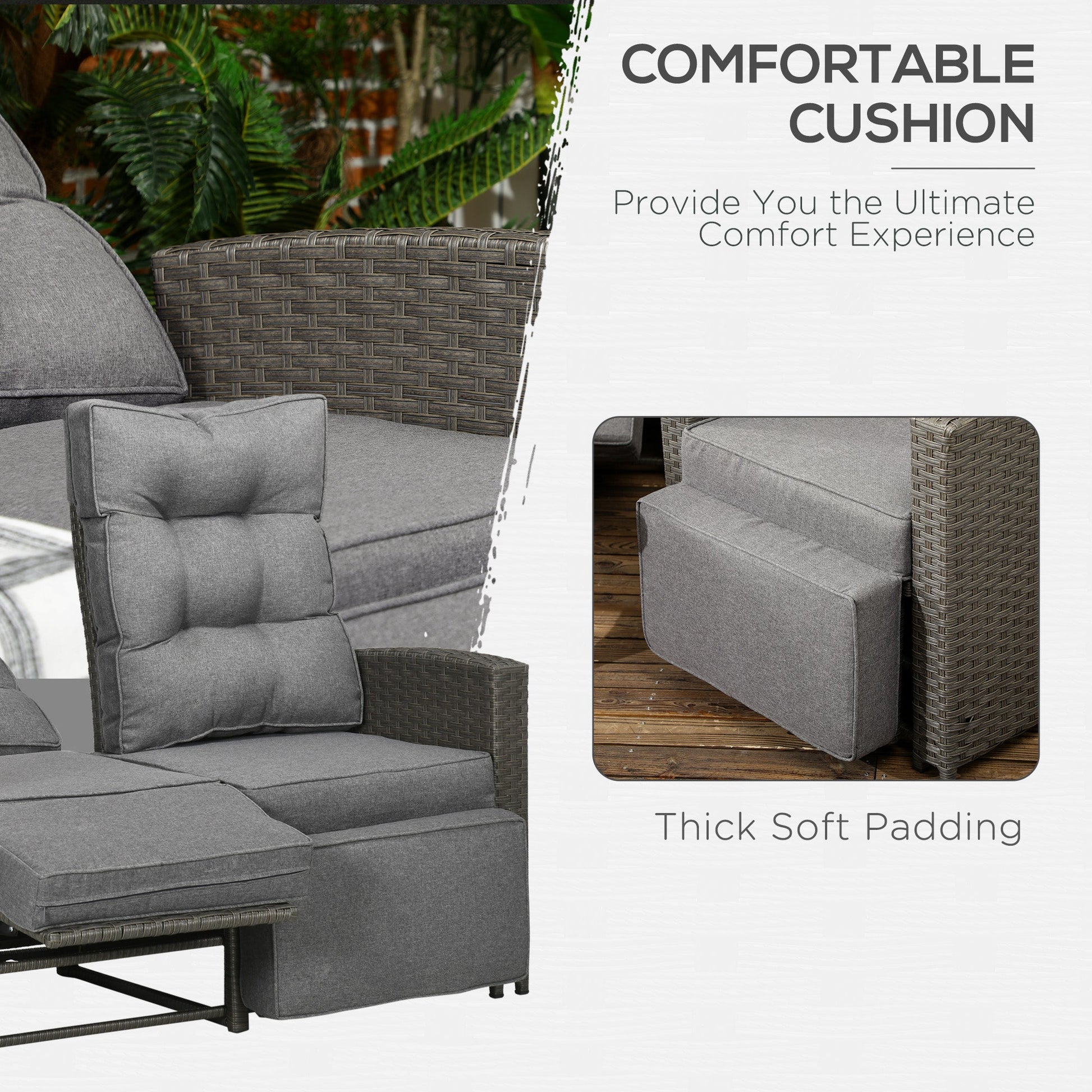 4 Piece Rattan Garden Furniture Set with Adjustable Backrest, Wicker Outdoor Furniture Sofa Set with Loveseat, Reclining Armchairs, Thickened Cushions and Glass Top Table, Grey