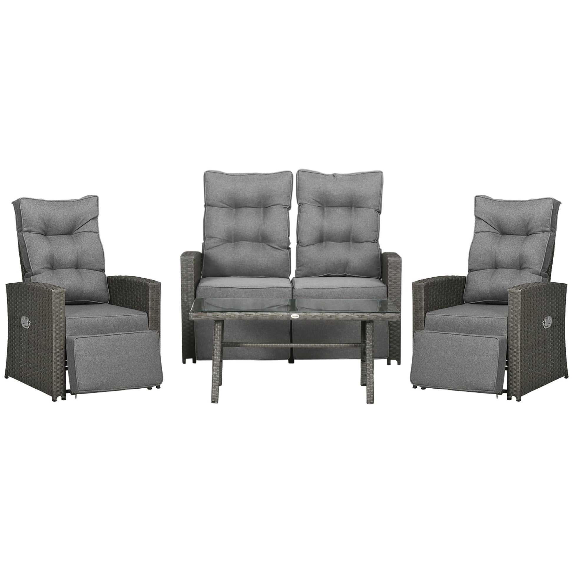 4 Piece Rattan Garden Furniture Set with Adjustable Backrest, Wicker Outdoor Furniture Sofa Set with Loveseat, Reclining Armchairs, Thickened Cushions and Glass Top Table, Grey