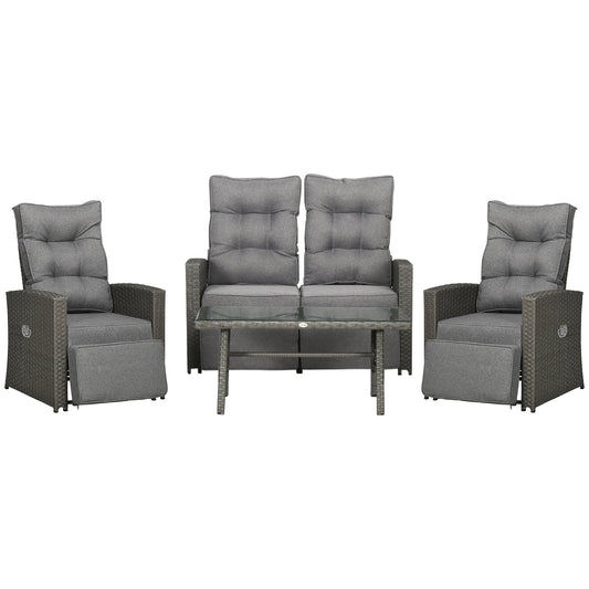 4 Piece Rattan Garden Furniture Set with Adjustable Backrest, Wicker Outdoor Furniture Sofa Set with Loveseat, Reclining Armchairs, Thickened Cushions and Glass Top Table, Grey