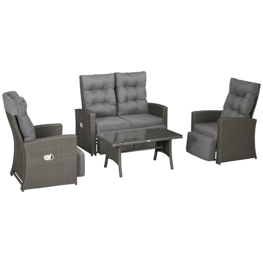 4 Piece Rattan Garden Furniture Set with Adjustable Backrest, Wicker Outdoor Furniture Sofa Set with Loveseat, Reclining Armchairs, Thickened Cushions and Glass Top Table, Grey