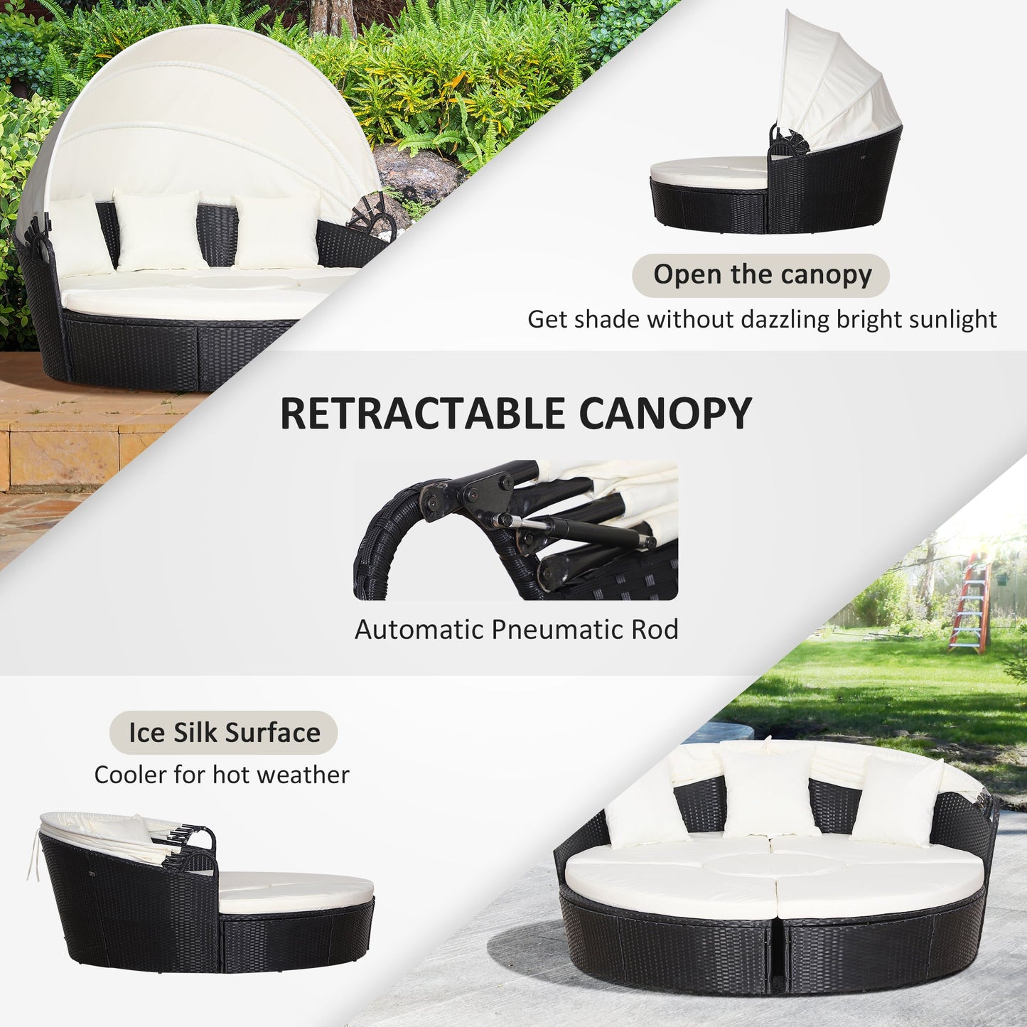 Outdoor PE Rattan Garden Furniture with Cushioned, Patio Wicker Conversation Furniture Set, Round Daybed with Retractable Canopy, Coffee Table and Three Pillows, Black/Beige