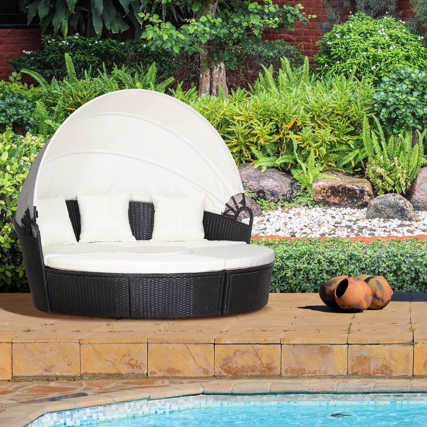 Outdoor PE Rattan Garden Furniture with Cushioned, Patio Wicker Conversation Furniture Set, Round Daybed with Retractable Canopy, Coffee Table and Three Pillows, Black/Beige