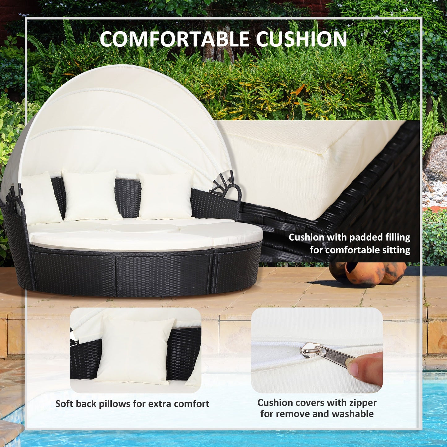 Outdoor PE Rattan Garden Furniture with Cushioned, Patio Wicker Conversation Furniture Set, Round Daybed with Retractable Canopy, Coffee Table and Three Pillows, Black/Beige