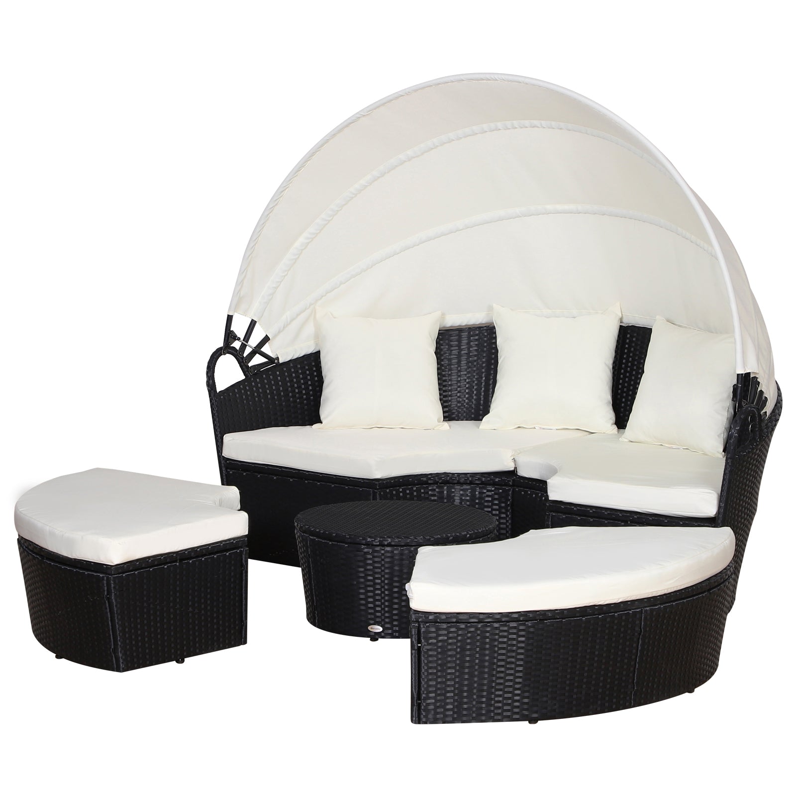 Outdoor PE Rattan Garden Furniture with Cushioned, Patio Wicker Conversation Furniture Set, Round Daybed with Retractable Canopy, Coffee Table and Three Pillows, Black/Beige