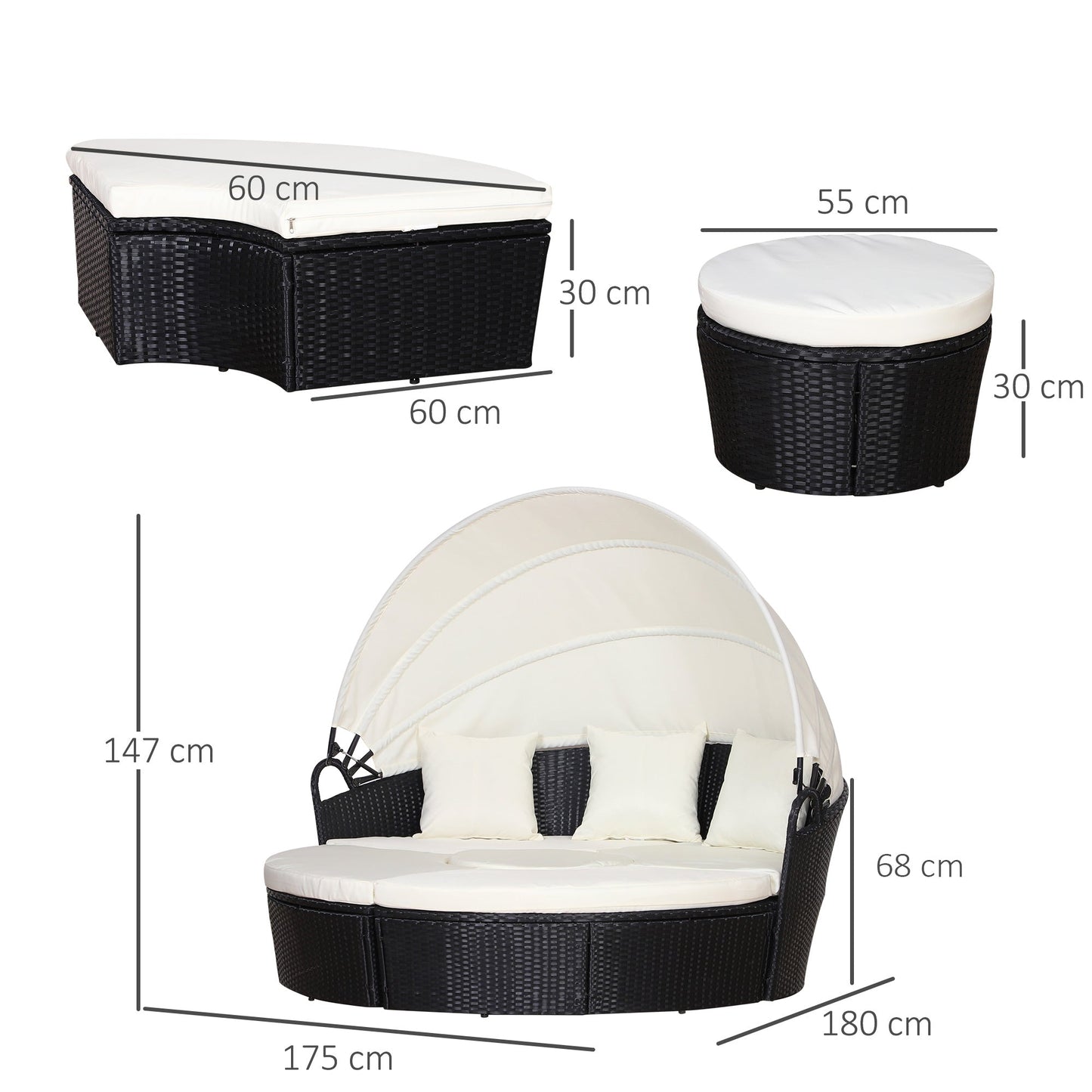 Outdoor PE Rattan Garden Furniture with Cushioned, Patio Wicker Conversation Furniture Set, Round Daybed with Retractable Canopy, Coffee Table and Three Pillows, Black/Beige