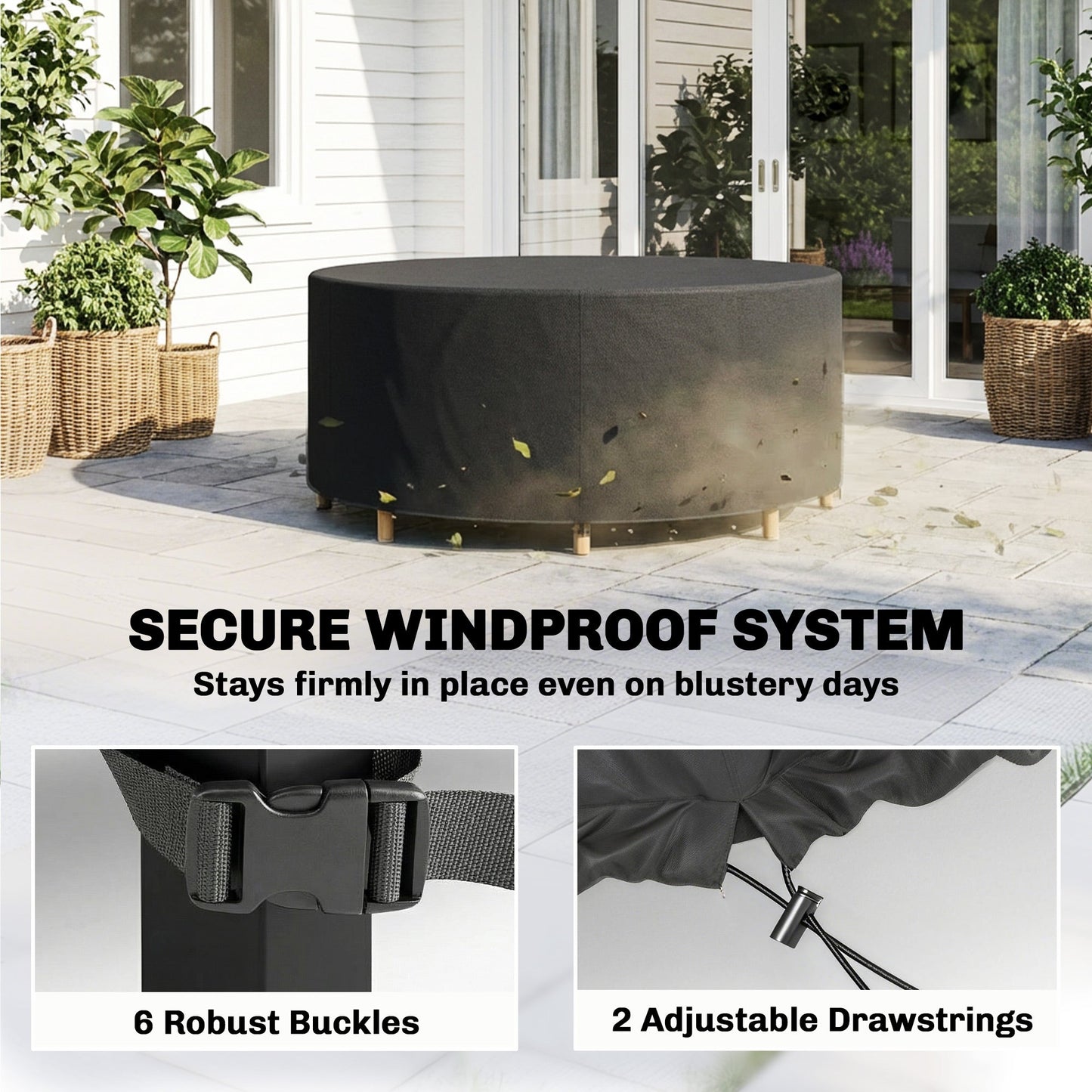 Round Garden Furniture Cover, Waterproof Garden Table Cover, 420D Heavy Duty Oxford for Outdoor Garden Table and Chairs, Φ214 x 70 cm, Black