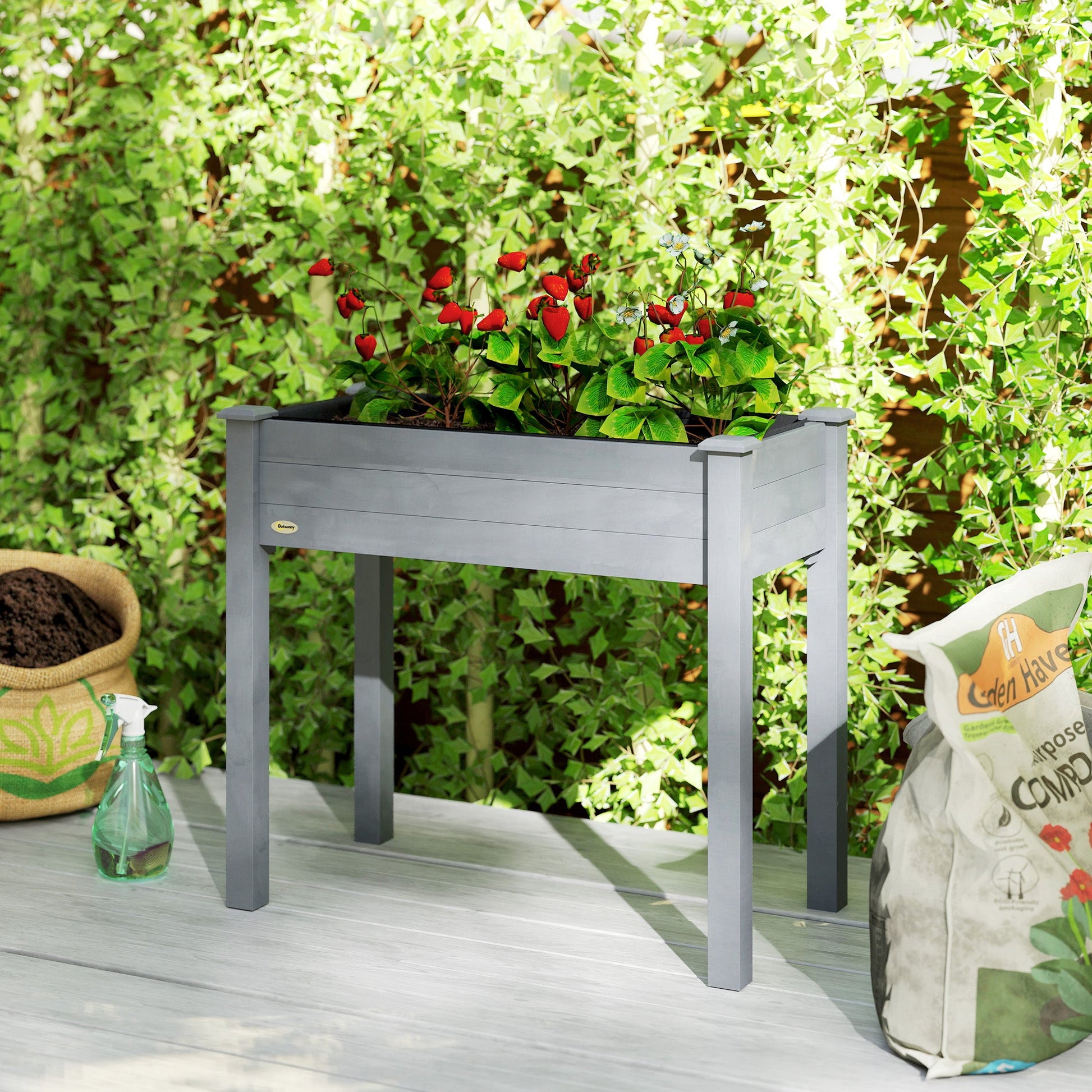 Raised Bed for Garden, Wooden Elevated Planter Box with Bed Liner, for Flower Vegetable Herb, 86L x 46W x 76Hcm, Dark Grey