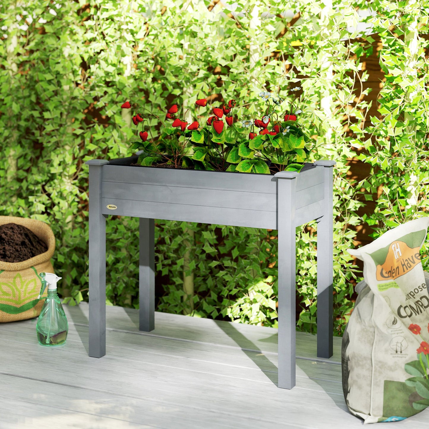 Raised Bed for Garden, Wooden Elevated Planter Box with Bed Liner, for Flower Vegetable Herb, 86L x 46W x 76Hcm, Dark Grey