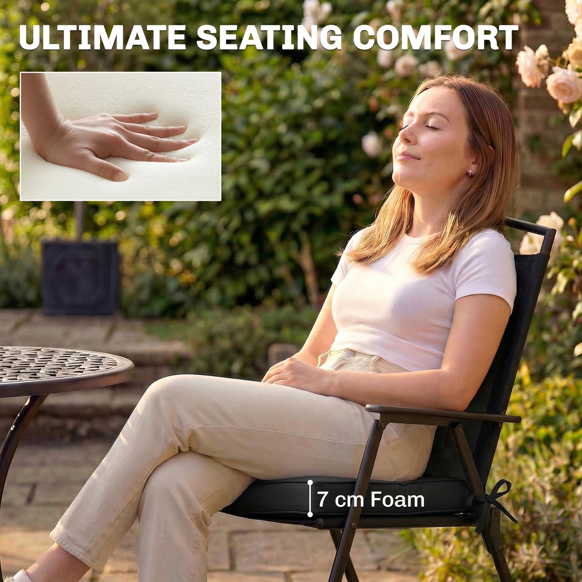 Outdoor Chair Seat Cushions Set of 2, Garden Chair Cushions with 7cm Thick Foam & Ties, Water Repellent and UV Resistant Covers for Patio Furniture 40x40cm, Black
