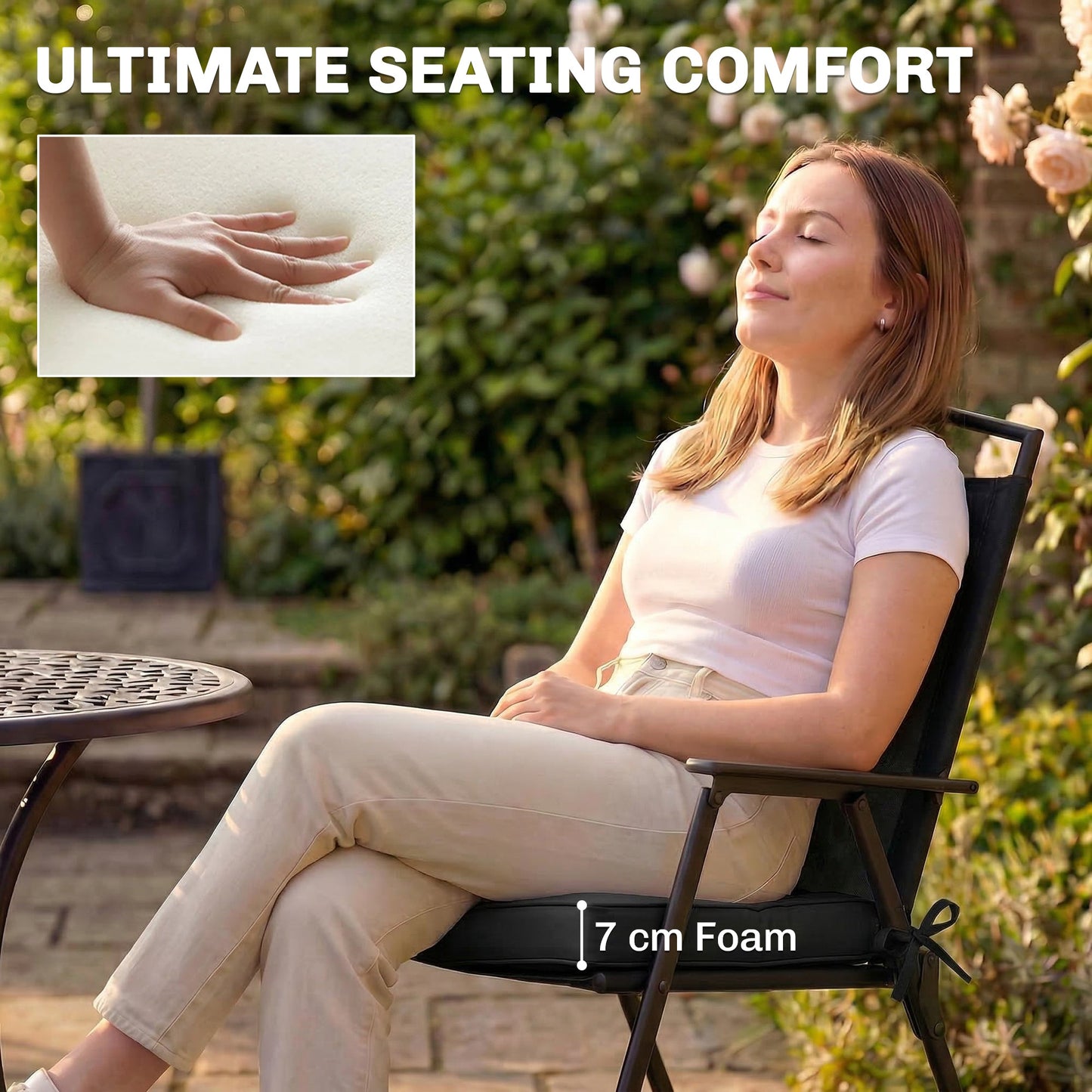 Outdoor Chair Seat Cushions Set of 2, Garden Chair Cushions with 7cm Thick Foam & Ties, Water Repellent and UV Resistant Covers for Patio Furniture 40x40cm, Black
